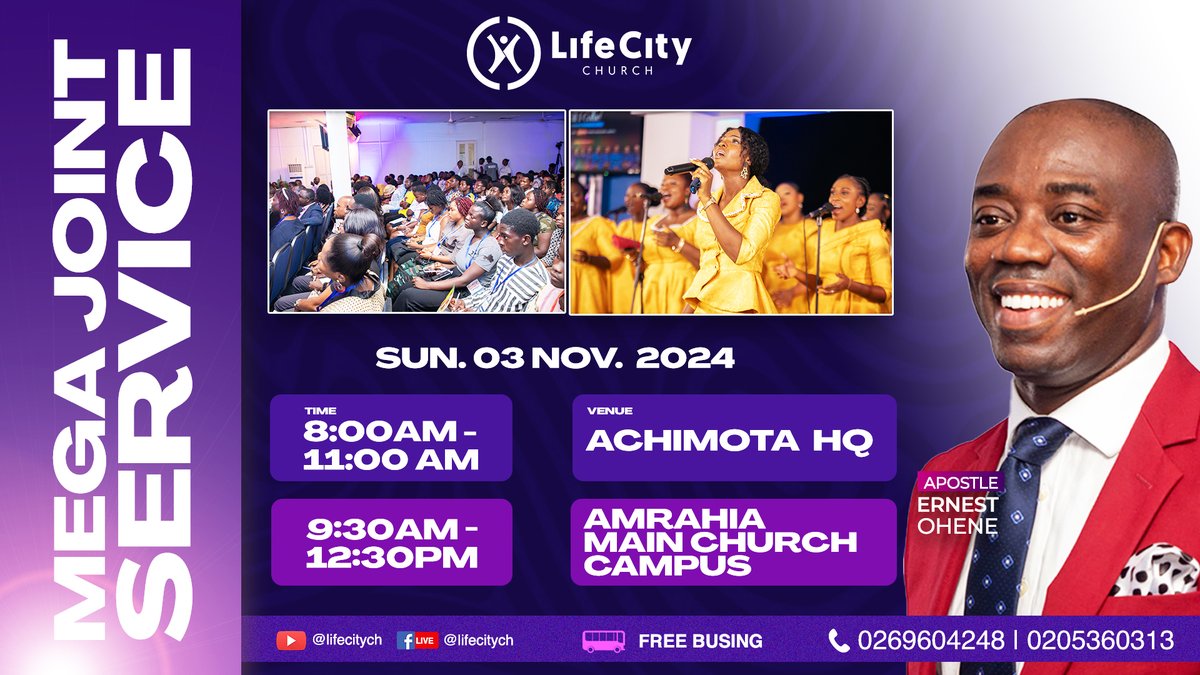 lifecitych's tweet photo. This Sunday's Mega Joint Service will have two venues - one at Achimota - HQ and the other Amrahia - Main Church Campus. Our branches and house churches closer to these venues will gather to experience the same revelation and empowerment from the Holy Spirit through his servant. https://t.co/gfyXI2cgEE