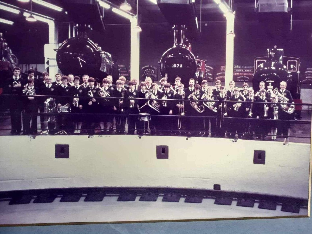 Back in the mid-1980s , a Golden Rail lineup at the National Railway Museum in York. Find out who’s in the picture and more archive photos and memories on our special GBR40 page (oh and come to the concert <a href="/yorkearlymusic/">NCEM</a> 7.30pm tonight, of course!).

yorkrigoldenrailband.co.uk/GRB_40