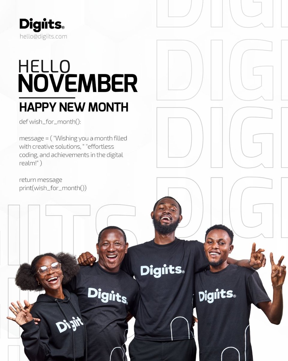 Digiits Agency (@digiitsagency) on Twitter photo def wish_for_month(): 
message = ( "Wishing you a month filled with creative solutions, " "effortless coding, and achievements in the digital realm!" ) 
return message 
print(wish_for_month()) def wish_for_month(): 
message = ( "Wishing you a month filled with creative solutions, " "effortless coding, and achievements in the digital realm!" ) 
return message 
print(wish_for_month())