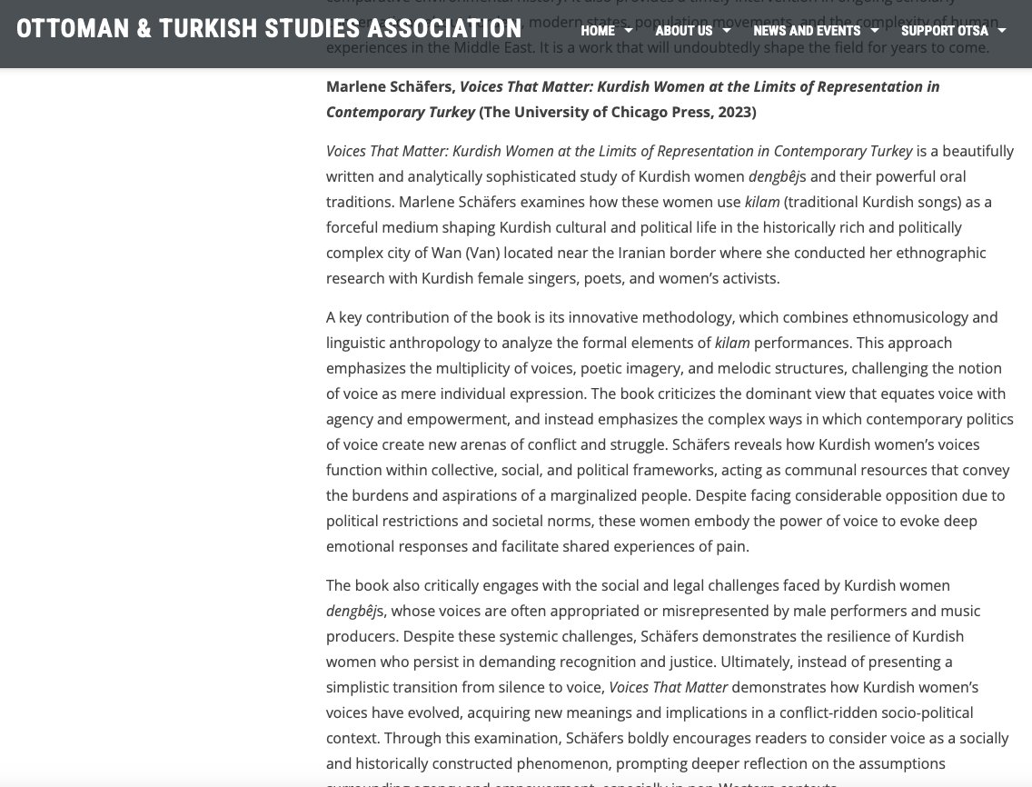 Marlene Schäfers (@marleneschafers) on Twitter photo The world out there is burning, but I feel too excited to withhold this news: my book, Voices that Matter, won the 2024 OTSA Book Prize! 🥳
<a href="/AndOttoman/">Ottoman and Turkish Studies Association</a> <a href="/UChicagoPress/">UChicagoPress</a> <a href="/UtrechtAnthro/">Cultural Anthropology UU</a>
Grateful to all who have made this possible 🙏
#KurdishStudies #Voice The world out there is burning, but I feel too excited to withhold this news: my book, Voices that Matter, won the 2024 OTSA Book Prize! 🥳
<a href="/AndOttoman/">Ottoman and Turkish Studies Association</a> <a href="/UChicagoPress/">UChicagoPress</a> <a href="/UtrechtAnthro/">Cultural Anthropology UU</a>
Grateful to all who have made this possible 🙏
#KurdishStudies #Voice