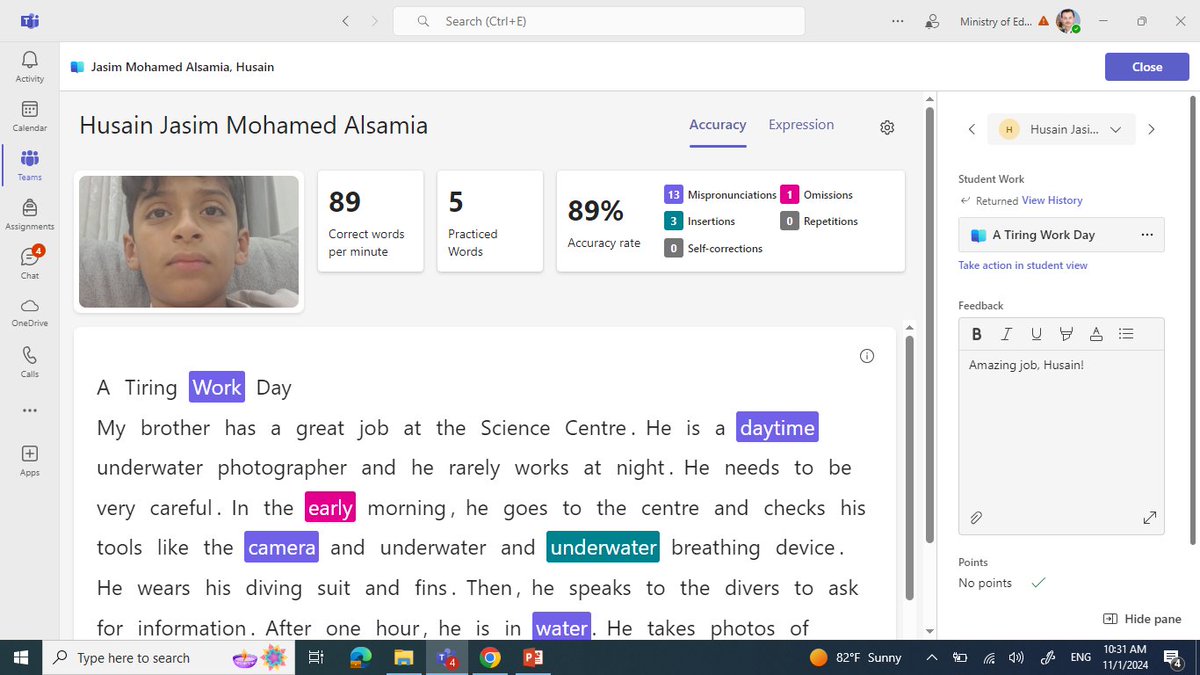 mabohassan781's tweet image. Have you ever heard about @MicrosoftEDU #ReadingProgress Podium?!
Based on the "Accuracy rate", here are the #Top three strongest readers 👇
✨Husain Ali (91%) 🥇
✨Sajaad Jaafar (90%) 🥈
✨Husain Jasim (89%) 🥉
What a reading fluency challenge!