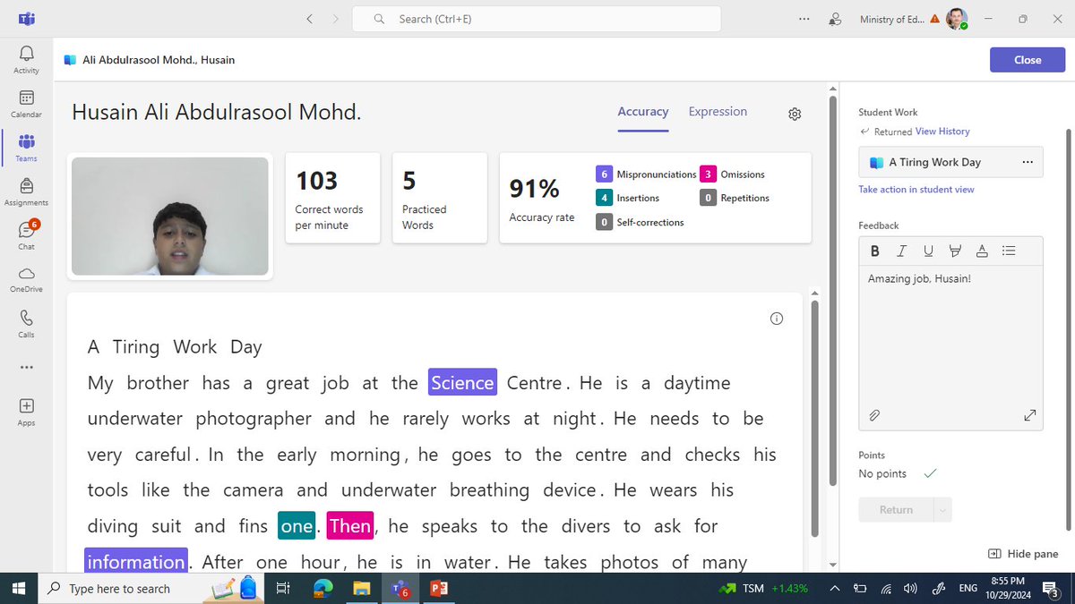 mabohassan781's tweet image. Have you ever heard about @MicrosoftEDU #ReadingProgress Podium?!
Based on the "Accuracy rate", here are the #Top three strongest readers 👇
✨Husain Ali (91%) 🥇
✨Sajaad Jaafar (90%) 🥈
✨Husain Jasim (89%) 🥉
What a reading fluency challenge!