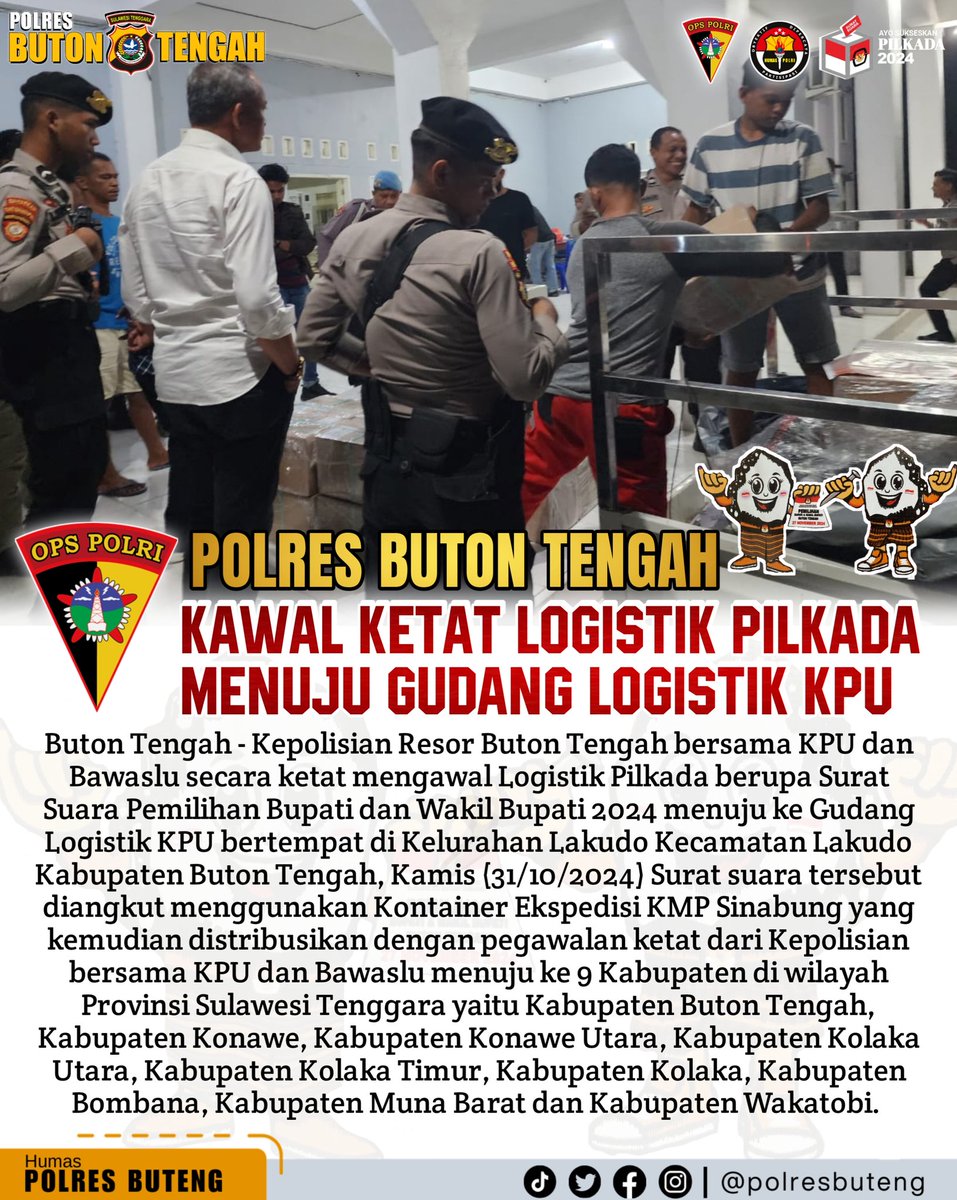 Humasresbuteng's tweet photo. Buton Tengah - Kepolisian Resor Buton Tengah bersama KPU dan Bawaslu secara ketat mengawal Logistik Pilkada berupa Surat Suara Pemilihan Bupati dan Wakil Bupati 2024 menuju ke Gudang Logistik KPU bertempat di Kecamatan Lakudo Kabupaten Buton Tengah, Kamis (31/10/2024) https://t.co/fXbzj6NfjL