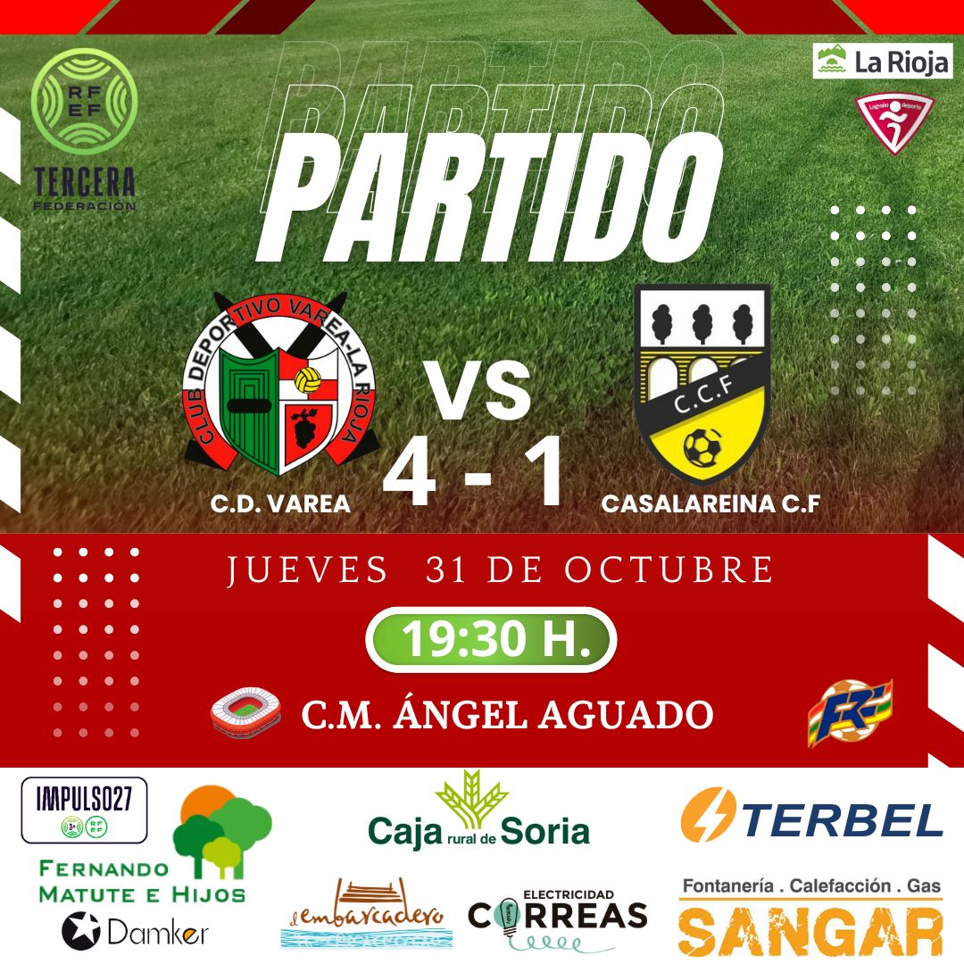 Tercera RFEF | Liga ✅ 

Victoria por 4-1 frente al <a href="/casalarreinacf/">CASALARREINA C.F.</a>

Con goles ⚽ de Saúl y Julio,  también hizo doblete ⚽⚽  Asier.

Sigamos trabajando 💪 💪 

¡Vamos! VAREA 🔴⚪

#Larioja #logroño #Futbol #TerceraFederacion #FutbolRiojano #Varea