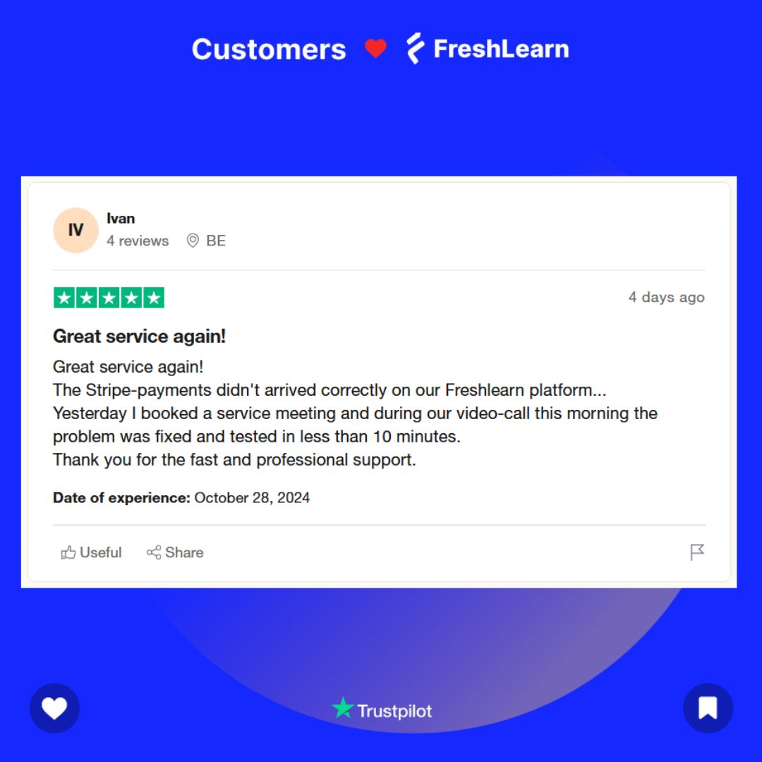 FreshLearnHQ's tweet image. 🌟Great service once again!🌟 

Huge thanks to Ivan for his review! When Stripe payments didn’t come through, a quick video call had it fixed in 10 minutes! 

We’re dedicated to delivering fast, reliable support for our creators.

#FreshLearn #CustomerSupport #CreatorCommunity