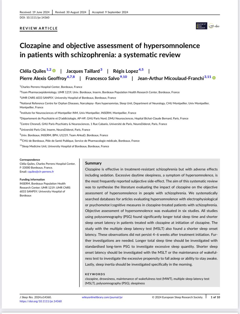 Jarthur Micoulaud 〽️ (@ja_micoulaud) on Twitter photo Clozapine and objective assessment of hypersomnolence in patients with schizophrenia: a systematic review <a href="/ESRS_Sleep/">ESRS</a>
Approche somnologique et psychopharmacologique en psychiatrie
Avec <a href="/Clelia2304/">Cléli@</a> <a href="/pa_geoffroy/">Pierre A. GEOFFROY</a> <a href="/CiccioSalvo33/">Francesco Salvo</a> <a href="/SANPSYLab/">SANPSY Lab.</a> <a href="/ch_perrens/">CH Charles Perrens</a>
onlinelibrary.wiley.com/doi/10.1111/js… Clozapine and objective assessment of hypersomnolence in patients with schizophrenia: a systematic review <a href="/ESRS_Sleep/">ESRS</a>
Approche somnologique et psychopharmacologique en psychiatrie
Avec <a href="/Clelia2304/">Cléli@</a> <a href="/pa_geoffroy/">Pierre A. GEOFFROY</a> <a href="/CiccioSalvo33/">Francesco Salvo</a> <a href="/SANPSYLab/">SANPSY Lab.</a> <a href="/ch_perrens/">CH Charles Perrens</a>
onlinelibrary.wiley.com/doi/10.1111/js…