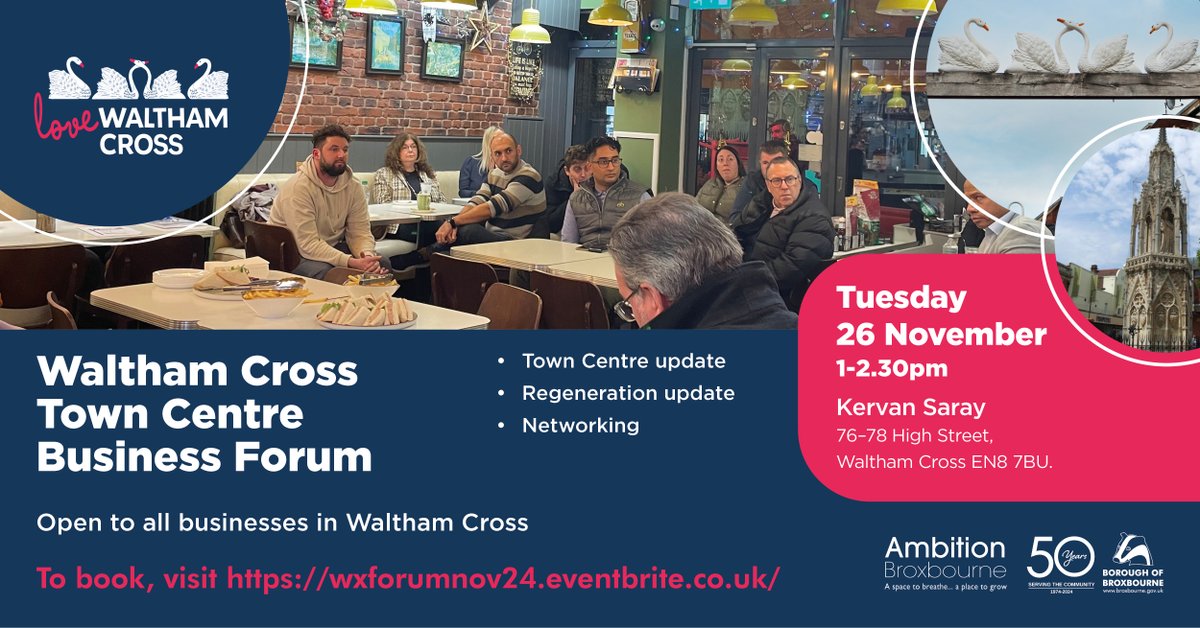 AmbitionBrox's tweet photo. The Waltham Cross Town Centre Business Forum is open to all businesses in Waltham Cross 🏙️🌆🛍️

Come along to network with other businesses and organisations and learn about what's happening in your town.

Learn more and book here: https://t.co/4hSNHbDa8p https://t.co/ffcLQeA7xR