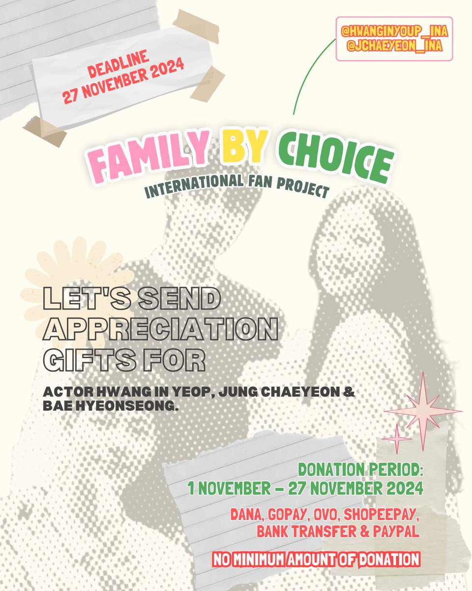 #FamilyByChoice 1st International Fan Project🏡

Donation period: until 27 November
We accept various local payments and PayPal [No minimal amount]

Check out the link below for more details
forms.gle/5zyYhe1TLztBVM…

#HwangInyoup #JungChaeyeon #BaeHyeonseong