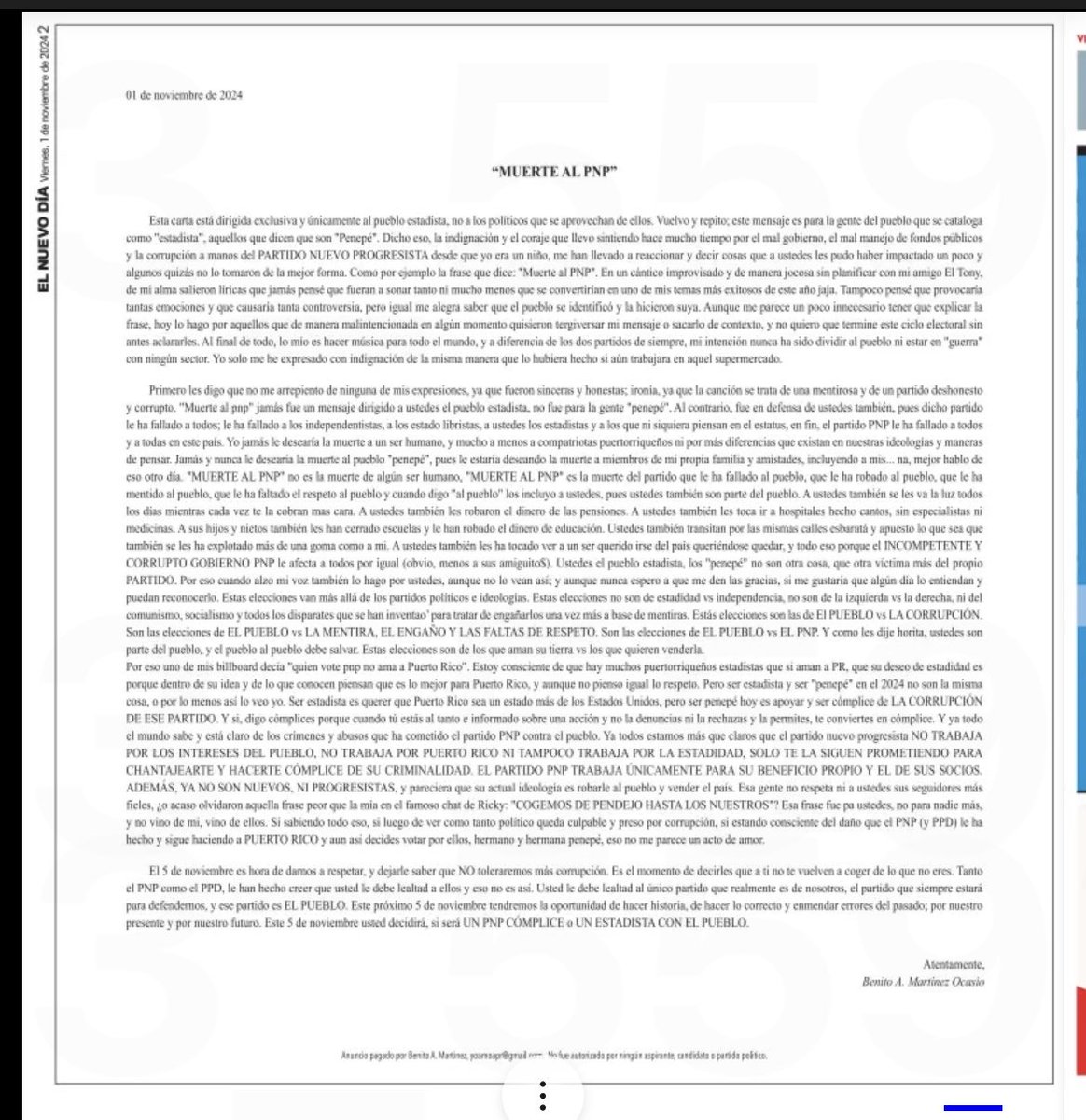 Carta abierta de Benito Antonio Martínez - Bad Bunny- al electorado PNP, publicada en El Nuevo Día.