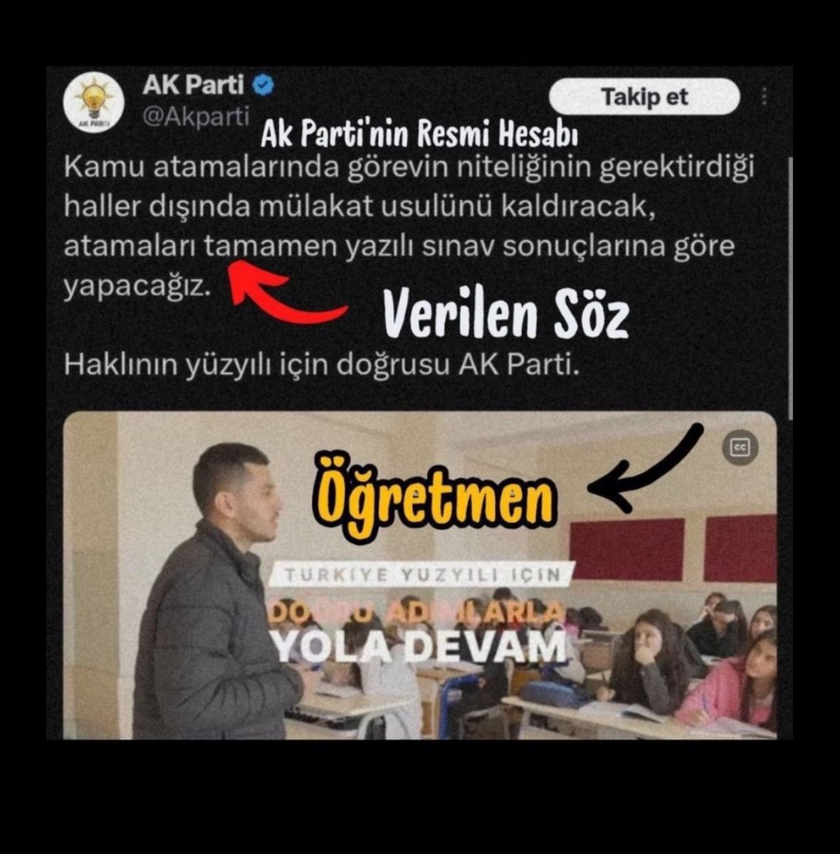 Bu ülkenin binlerce gencini mülakat uygulaması adı altında yıllarca mağdur ettiniz ve etmeye devam ediyorsunuz. Seçimden önce bir söz verdiniz ve bu sözü bir önceki bakanınız <a href="/prof_mahmutozer/">Mahmut Özer</a> teyitledi. Bu konuda artık bir ses verin Sn. <a href="/RTErdogan/">Recep Tayyip Erdoğan</a>! Bu sesi duymanız için illaki ak