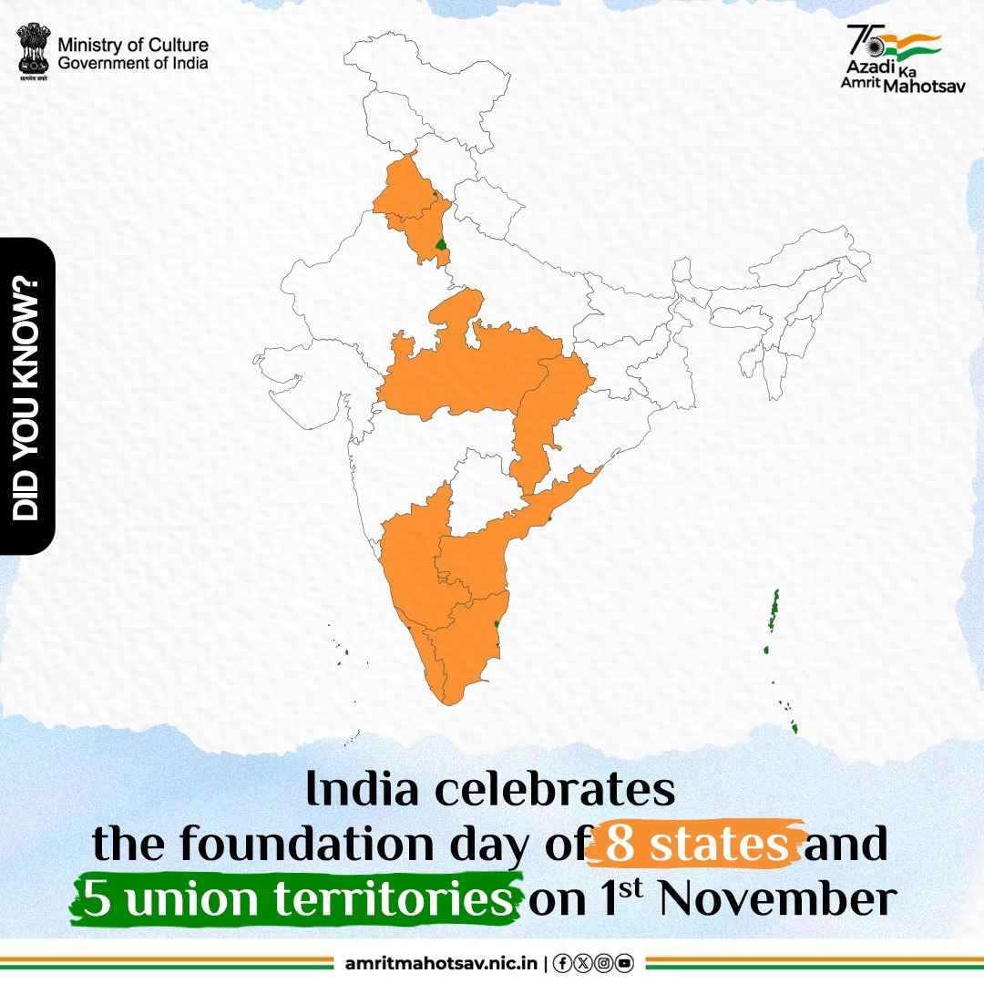 AmritMahotsav's tweet image. #DidYouKnow? 8 Indian states - Andhra Pradesh, Chhattisgarh, Haryana, Karnataka, Kerala, Madhya Pradesh, Punjab &amp;amp; Tamil Nadu - and 5 Union Territories - Lakshadweep, Chandigarh, A&amp;amp;N, Delhi &amp;amp; Puducherry- celebrate their #FormationDay on 1st Nov!

#AmritMahotsav #ThisDayThatYear