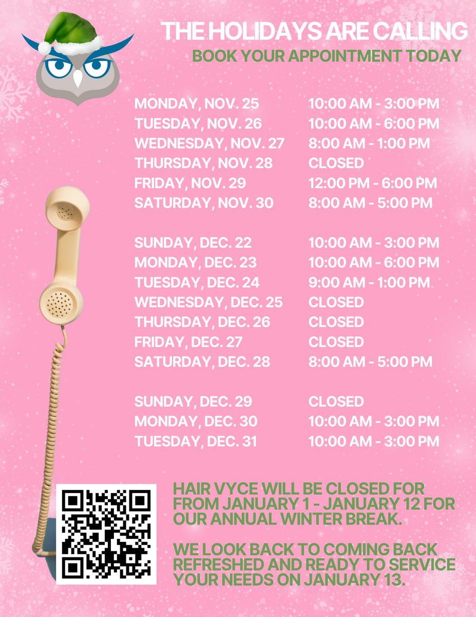 HairVyce's tweet photo. Our holiday hours for 2024 are available! Call now  to book your appointments. Don't miss out, we book up fast around this time of year!

#hairvycestudio #holidayhours #holidayseason #universitycity #phillyhairsalon #booknow #naturalhairstylist https://t.co/5hkTLIUUZz