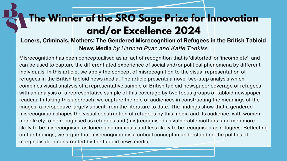 📣 We are incredibly excited to announce this year's winner of the SRO Sage Prize for Innovation and Excellence! 📣

Congratulations to <a href="/HannahRyan22/">Dr Hannah Ryan</a> and @KatieTonkiss   on their paper 'Loners, Criminals, Mothers'!!

You can read their paper #OpenAccess 👇
doi.org/10.1177/136078…