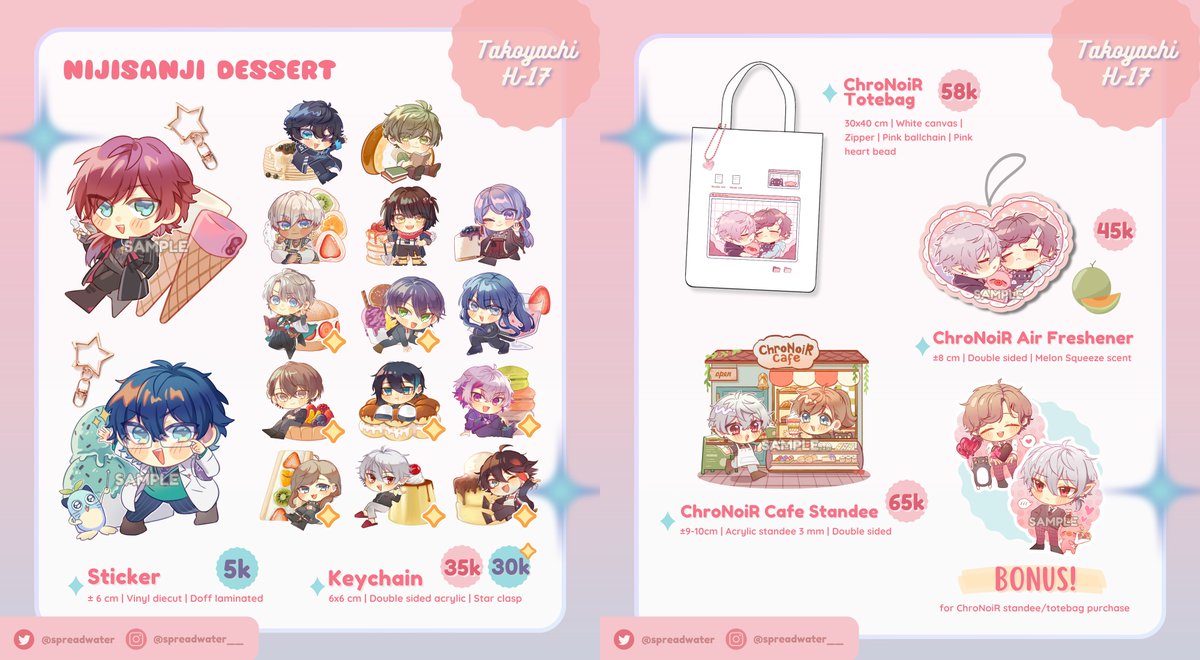 spreadwater's tweet photo. Hii!! I'm Nai and this is my  catalogue for #comifuro19 💕( ∩´͈ ᐜ `͈∩)💕 

♡ Event date: 9-10 Nov 2024
♡ Circle: Takoyachi H-17 (both days)
♡ Fandom: Nijisanji JP, Ensemble Stars

Come visit us, we have a lot of freebies!! 💖
See u at CF19!✨
#Comifuro19Catalogue #CF19 https://t.co/tPvV1oIsSr