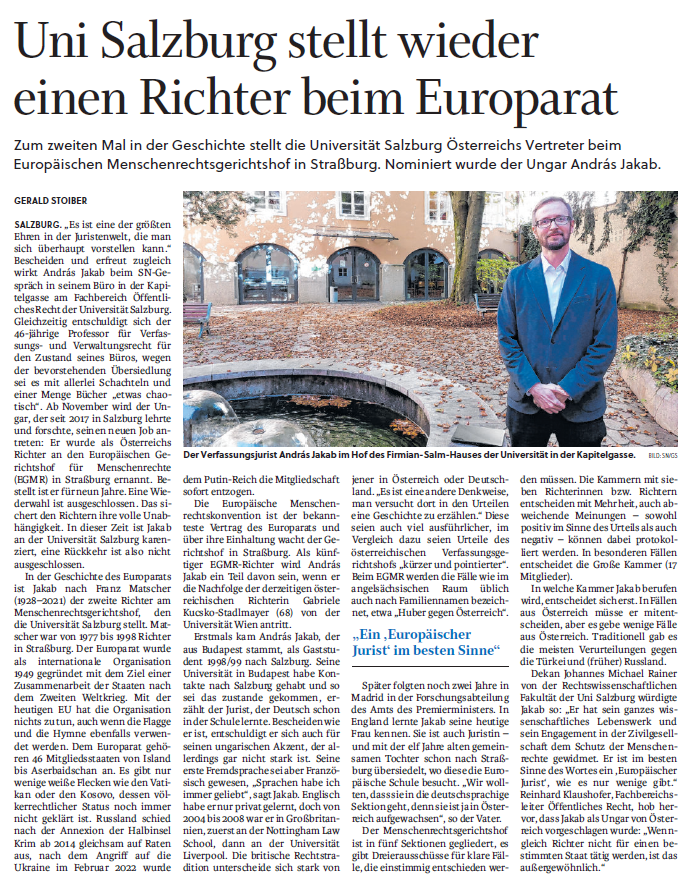 Univ.-Prof. Dr. András Jakab tritt mit dem heutigen Tage seine neunjährige Amtszeit als Richter des Europäischen Gerichtshofs für Menschenrechte an. 

Der Fachbereich gratuliert ihm auch auf diesem Wege nochmals herzlich und wünscht ihm alles Gute!