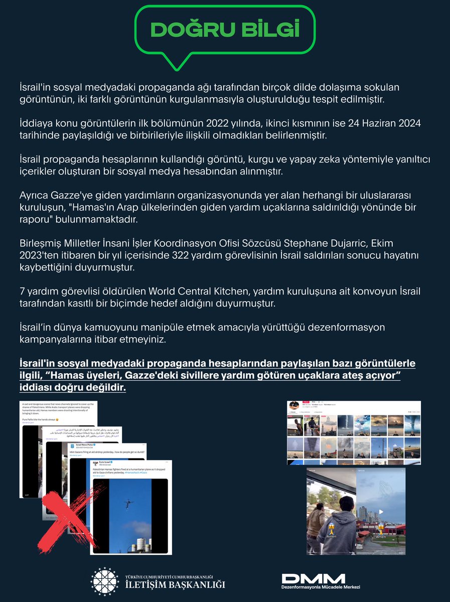 İsrail'in sosyal medyadaki propaganda hesaplarından paylaşılan bazı görüntülerle ilgili, “Hamas üyeleri, Gazze'deki sivillere yardım götüren uçaklara ateş açıyor” iddiası doğru değildir.

İsrail'in sosyal medyadaki propaganda ağı tarafından birçok dilde dolaşıma sokulan