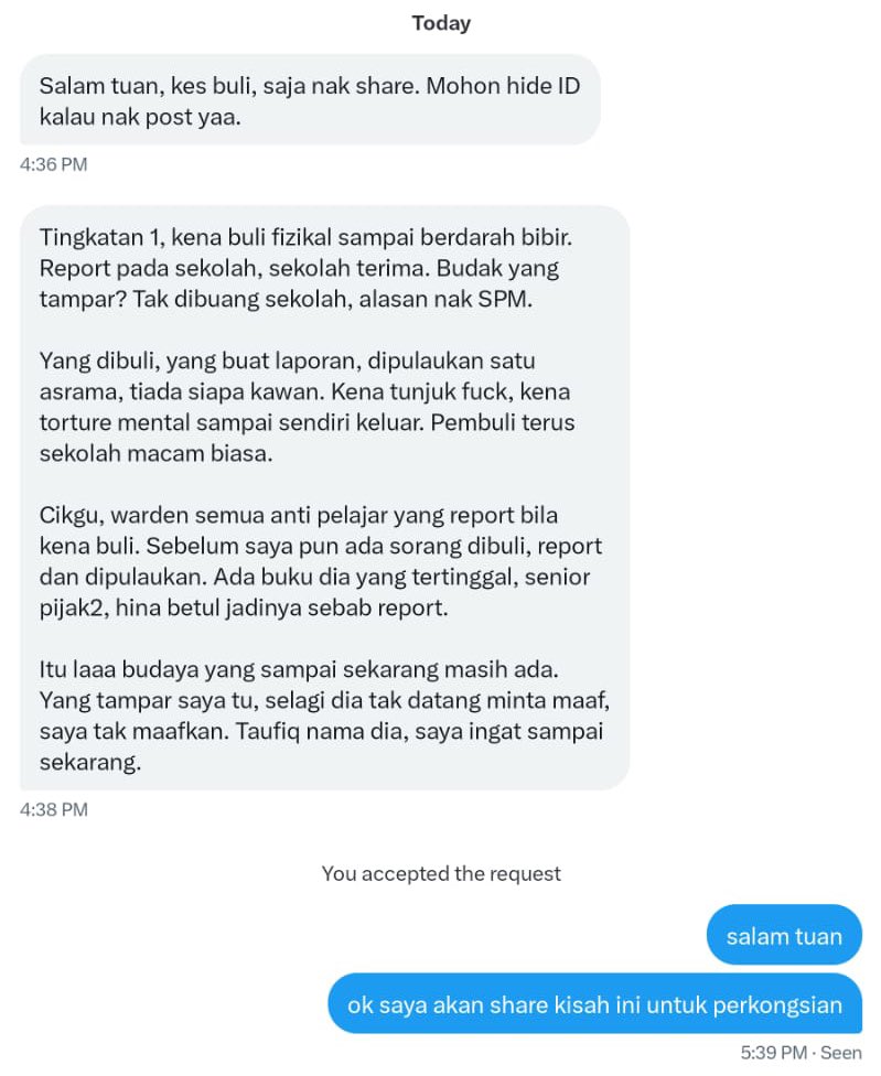 SyedAkramin's tweet photo. PERKONGSIAN KISAH BULI

Mangsa buli yang buat report kepada guru akan dipulau oleh rakan sendiri, didera secara mental dan akhirnya mangsa buli menyerah kalah; keluar dari asrama secara sukarela. 

Pembuli menang, diangkat sebagai hero. https://t.co/TlB3uJaMBN