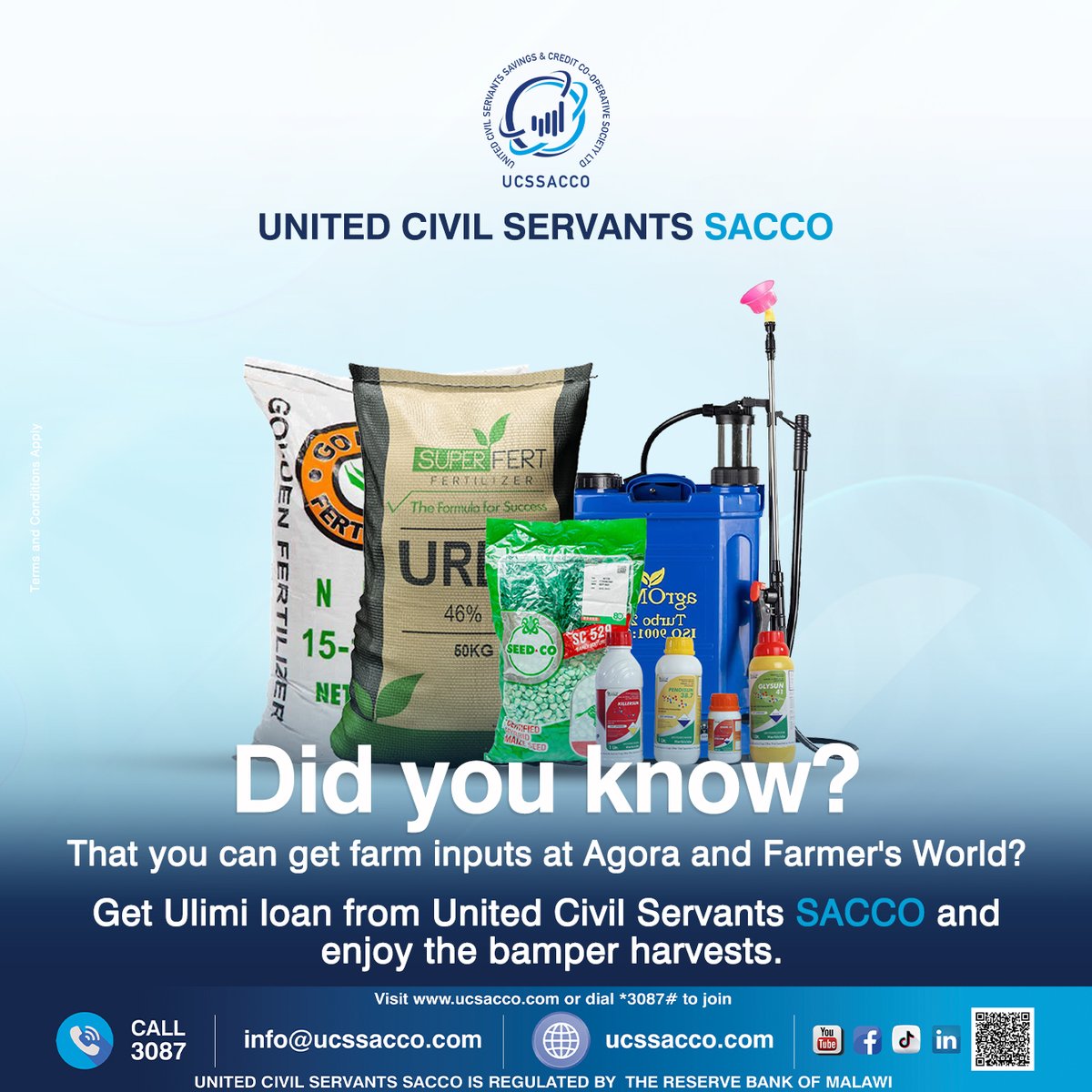 UCSSACCO's tweet image. Did you know that you can get farm inputs at Agora and Farmers?
Get Ulimi loan at United Civil Servants Sacco and enjoy the bamper harvests.
#UCSSACCO #changinglives #inputloan