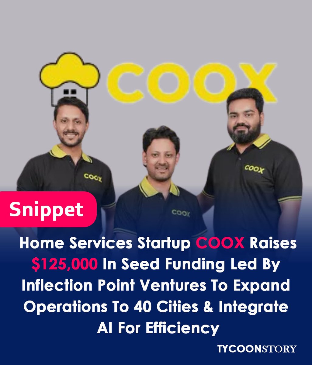 TycoonStoryCo's tweet photo. COOX has raised $125K Seed funding from Inflection Point Ventures to expand from 20 to 40 cities and bring AI to on-demand home services! 

https://t.co/ZRjBOSKpPJ
#COOX #techstartup #homeservices #Innovation #Management #DigitalMarketing #hospitality #Funding https://t.co/VM3OgjZq6p