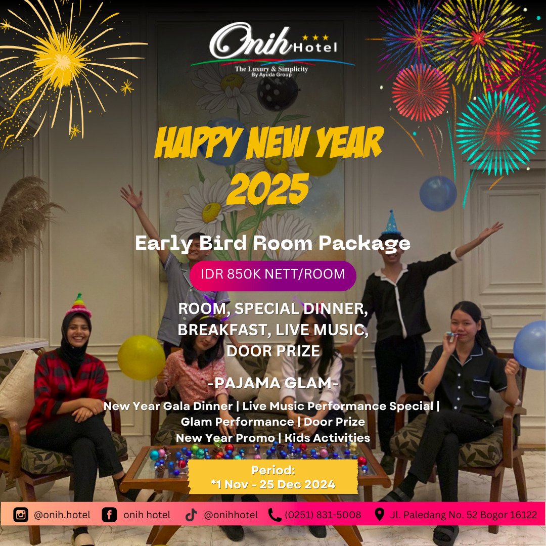 HotelOnih's tweet photo. Rayakan Tahun Baru dengan KemewahanNikmati momen istimewa bersama orang tersayang di Onih Hotel.Dapatkan penawaran spesial kamar,makan malam mewah,dan hiburan malam tahun baru yang tak terlupakan.Pesan sekarang dan mulailah tahun baru Anda dengan pengalaman yang berkesan✨️!! https://t.co/rTO7nDcWee