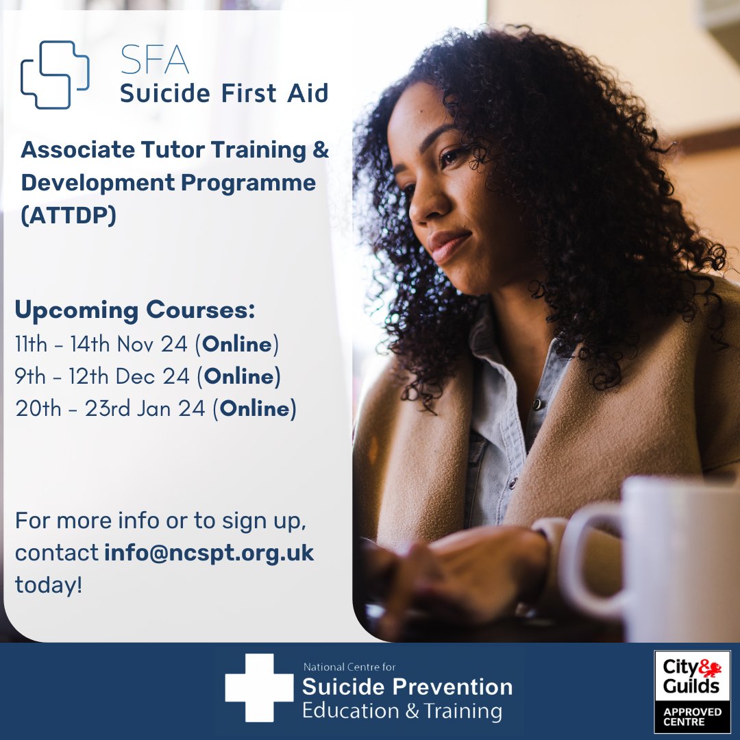NCSPET_UK's tweet image. 📢 Spaces Still Available:
11th - 14th November 2024
9th - 12th December 2024
20th - 23rd January 2025
(All online via Zoom)

To learn more about this course or apply, please contact info@ncspt.org.uk today!

#suicideprevention #tutortraining #mentalhealth #mentalhealthmatters