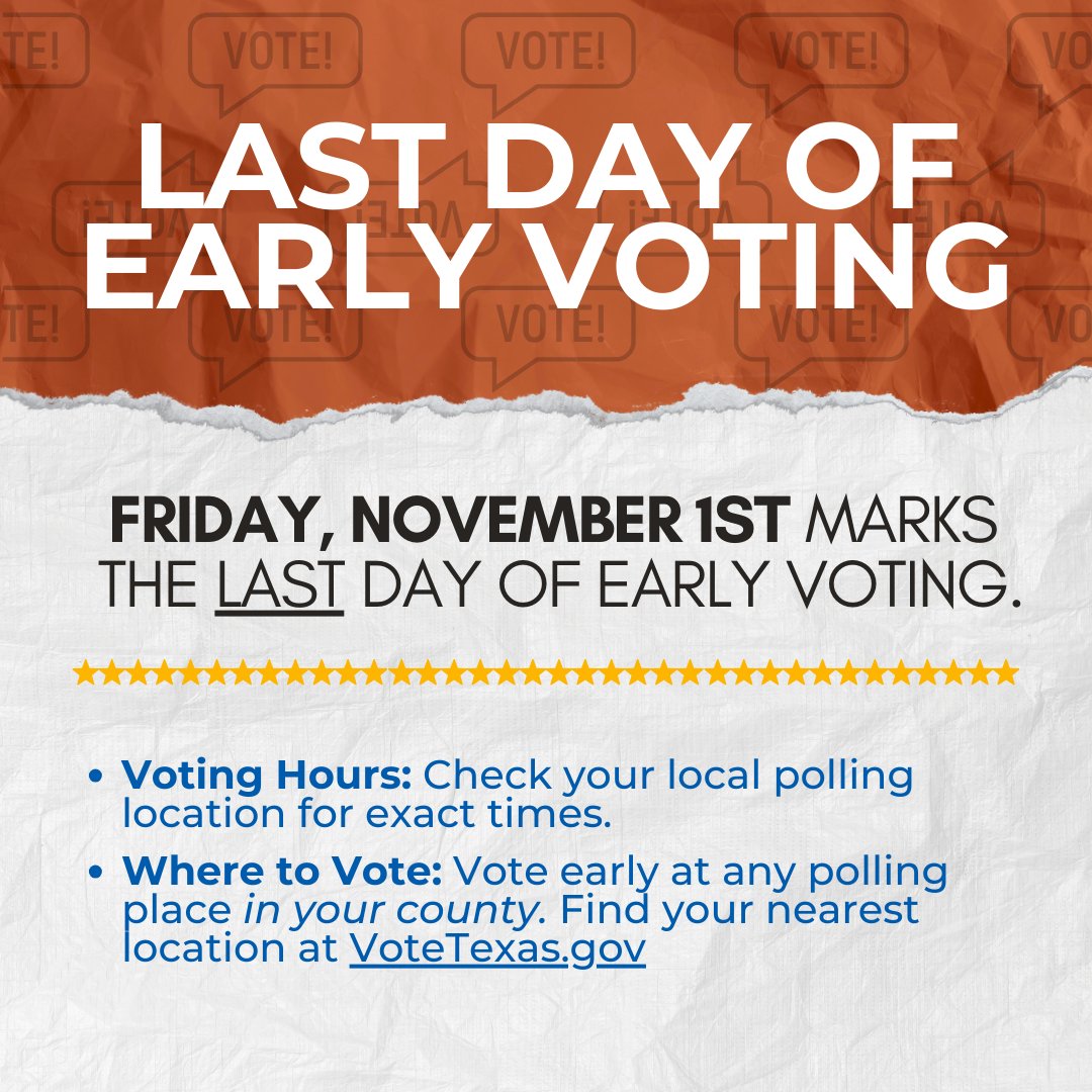 Hey Texans, the clock is ticking! Today is the final chance to vote early. Swing by the polls and let your voice be heard! 🤠🗳️ #GOTV #TxEd #TxLege