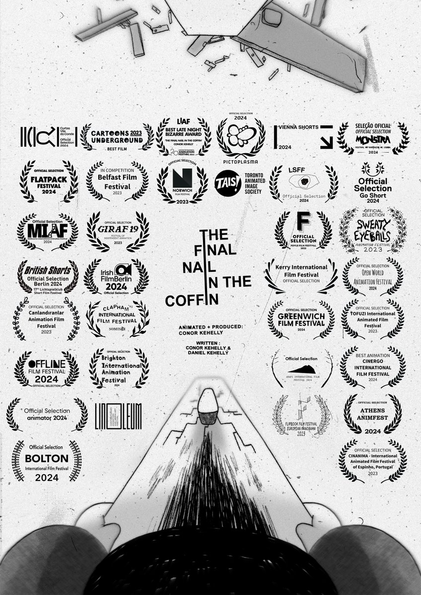 Final poster with laurels for "The Final Nail In The Coffin." Giant thanks to every single festival that was generous enough to screen it, and also to everyone who gave their time to watch it.  Film will released online;  08/11/24 after the final screening at Pictoplasma London.