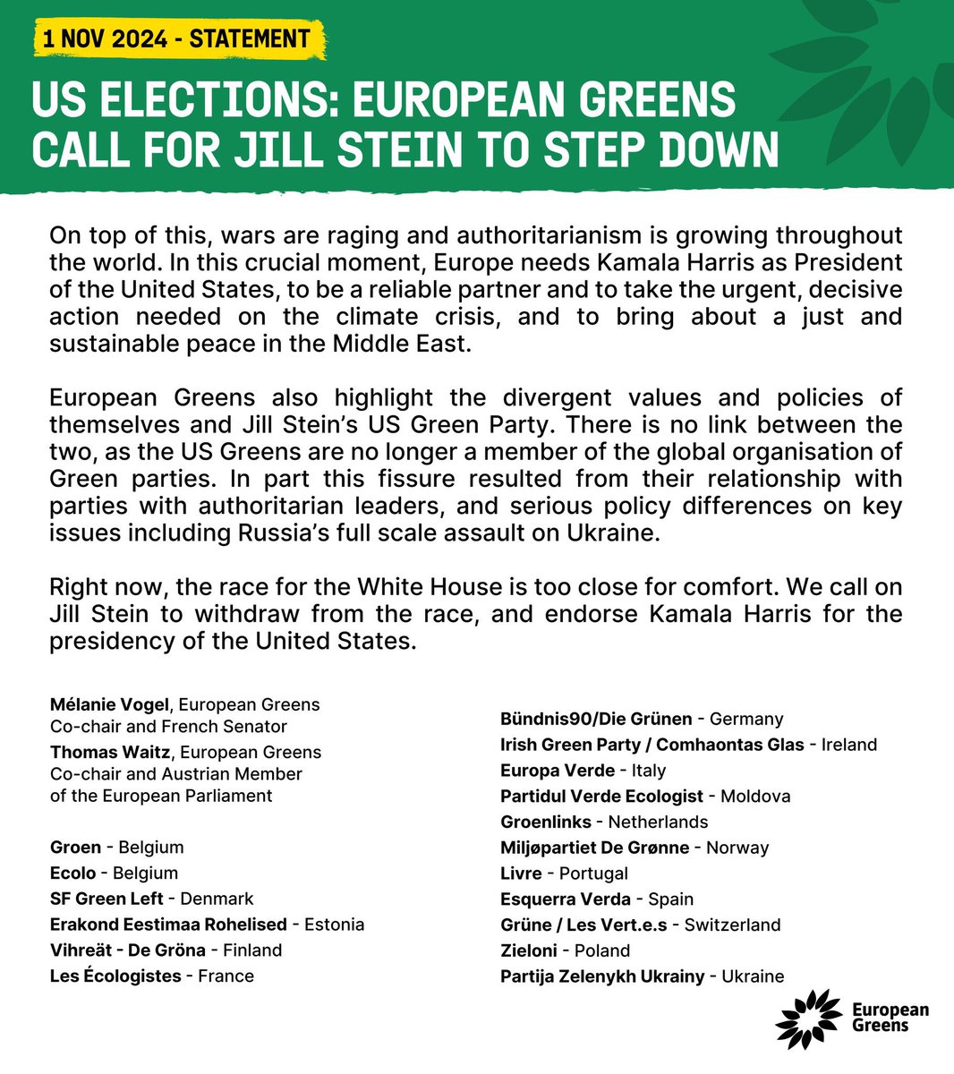 L’enjeu est trop grand.

Les verts européens demandent à Jill Stein qui, nous le rappelons, n’a rien à voir avec nous ni les verts mondiaux, de se retirer de la course et de soutenir <a href="/KamalaHarris/">Kamala Harris</a>, seule candidate en mesure d’empêcher Trump de se réinstaller à la Maison Blanche.