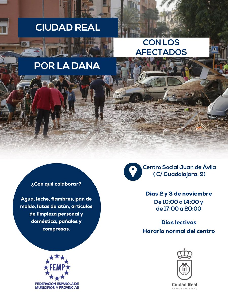 ‼️El Ayuntamiento de Ciudad Real activa un dispositivo solidario de ayuda para los afectados por la DANA‼️ 

🔺Punto de recogida: Centro Social San Juan de Ávila
🔺Días y horario: 2 y 3 de noviembre en horario de 10.00 a 14.00 h y de 17.00 a 20.00 h.

#DANA #AYUDA #CIUDADREAL
