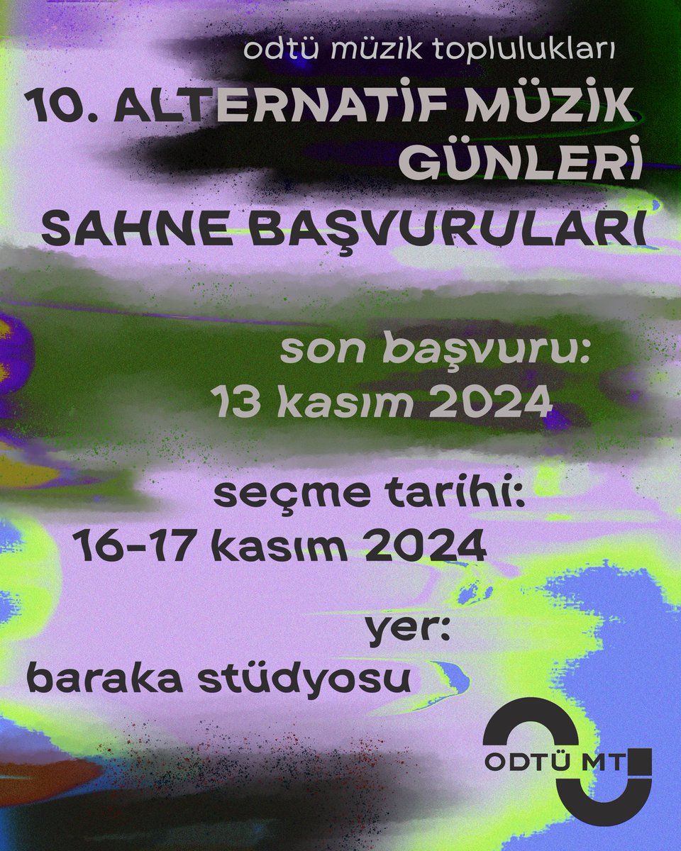 Bu sene ODTÜ MT Alternatif Müzik Günleri’ni Mimarlık Amfisi'nde 28-29 Kasım tarihlerinde düzenliyoruz. 
Sahne almak isteyen gruplar için  16-17 Kasım 2024 tarihinde Baraka Stüdyosu'nda seçme yapılacaktır. Son başvuru tarihi 13 Kasım. Başvuru için link bio’da!