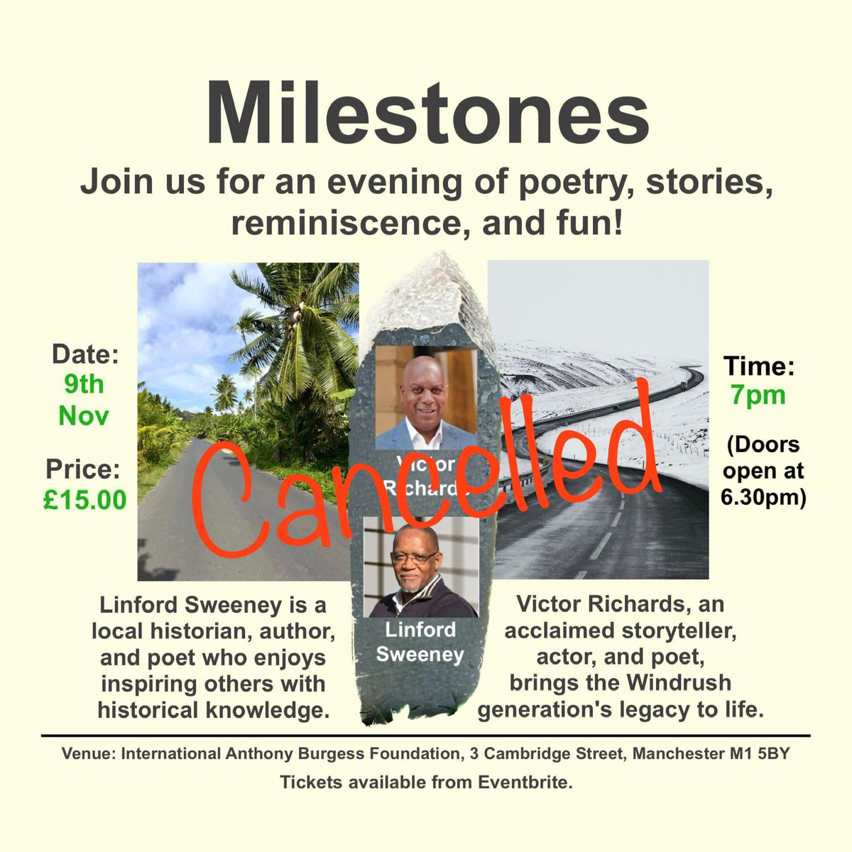 Announcement 📣 
We regret to inform you that our upcoming event, Milestones, scheduled for 9/11/2024 at the International Anthony Burgess Foundation in Manchester, has been cancelled. We apologize for any inconvenience this may cause. #cancellation