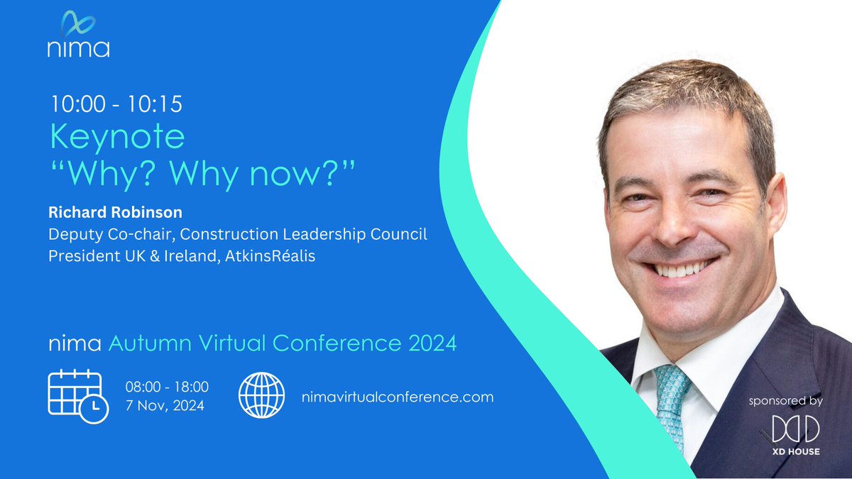 The opening Keynote speaker at #nimaAutumnVirtualConference2024 is Richard Robinson, President UK &amp; Ireland at <a href="/atkinsrealis/">AtkinsRéalis</a> and Deputy Co-chair of the <a href="/ConstructionCLC/">Construction Leadership Council (CLC)</a>, who will introduce the new #InformationManagementInitiative.

Register today ⬇️
wearenima.im/events-calenda…