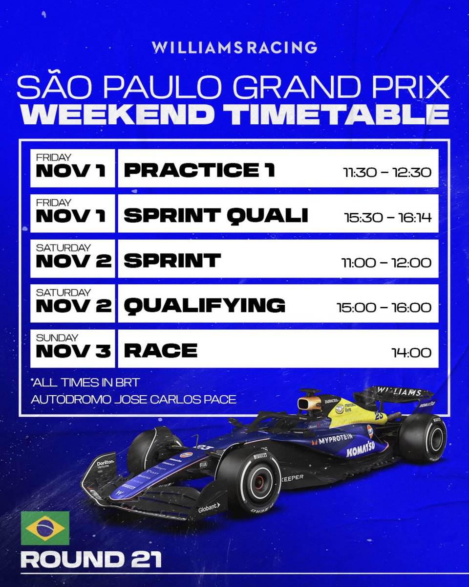 WilliamsRacing's tweet photo. Plans for the weekend 📅🇧🇷 https://t.co/LpHjpHUyhI