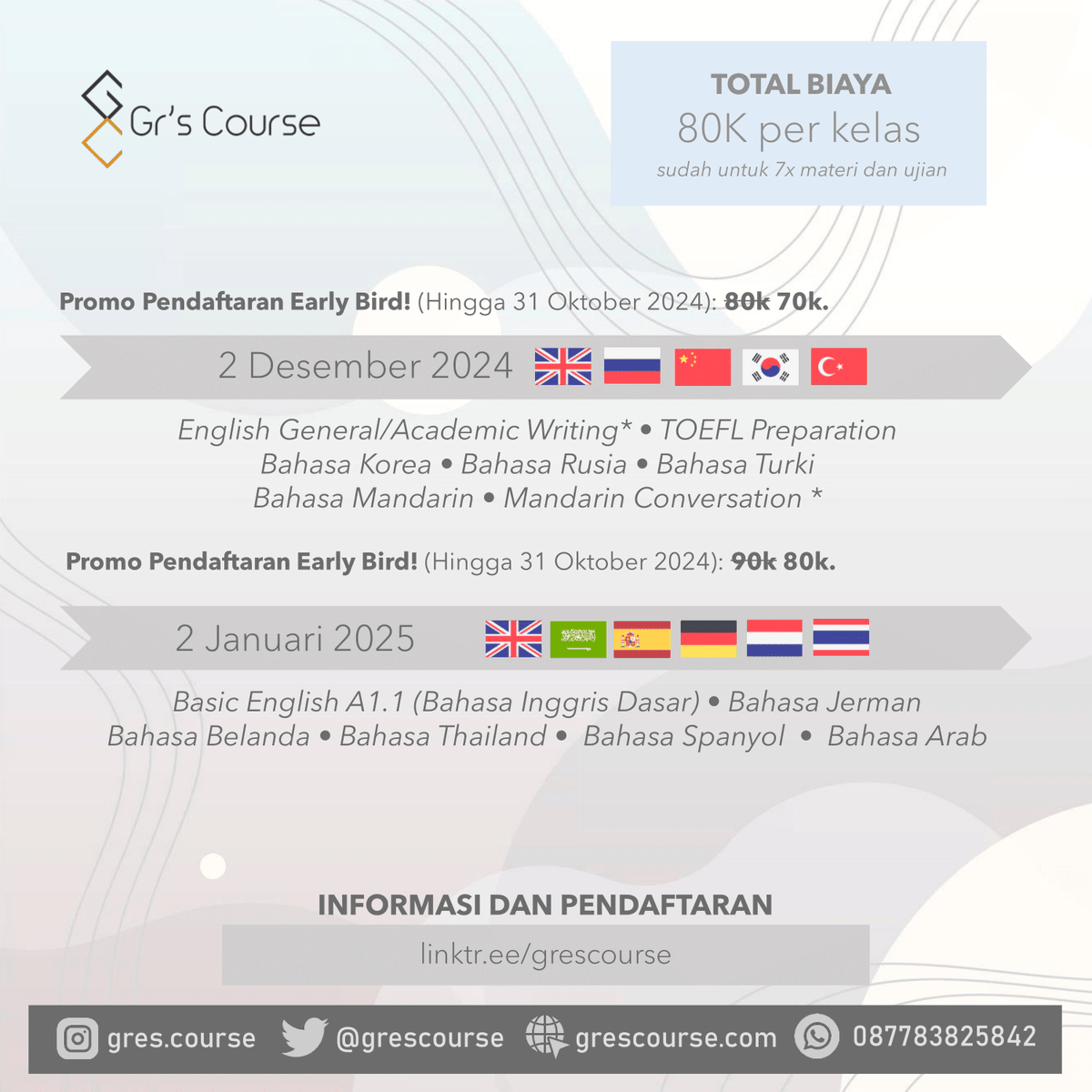 erlanishere's tweet photo. Aku buka kursus 15 bahasa asing terjangkau gengs!! 😊
Kelas November 2024:
-English Convo
-Jepang
-Prancis
-Italia
-English Grammar
-Business English
Belajar via Google Classroom, Zoom, Grup WA. Biayanya cuma 80k utk 2 bulan belajar (Convo: 200k).
Daftar: https://t.co/EzRfG3f4cD https://t.co/RljOu1jH1L