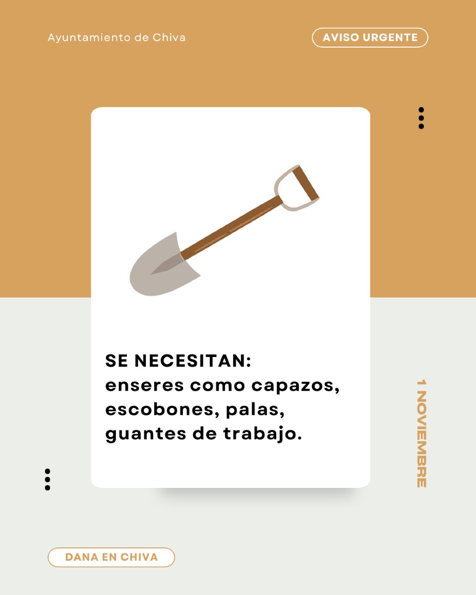 AyuntaChiva's tweet photo. #AVISO - Se necesitan con urgencia capazos, escobones, palas, guantes de trabajo y otros enseres que ayuden a la limpieza. **Depositar en el Ayuntamiento de Chiva. 

#DANA #Chiva https://t.co/kdZMvgdQqK
