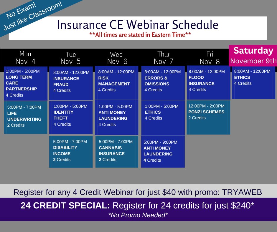 EITINS's tweet image. It's November 1st...have you completed your #InsuranceCE requirement?

Register now for 24 credits for just $240!

Click the link and select your state to view our full calendar: etrainingschool.com/clientsite/Cla…

#EasyCE #RemoteCE #November2024