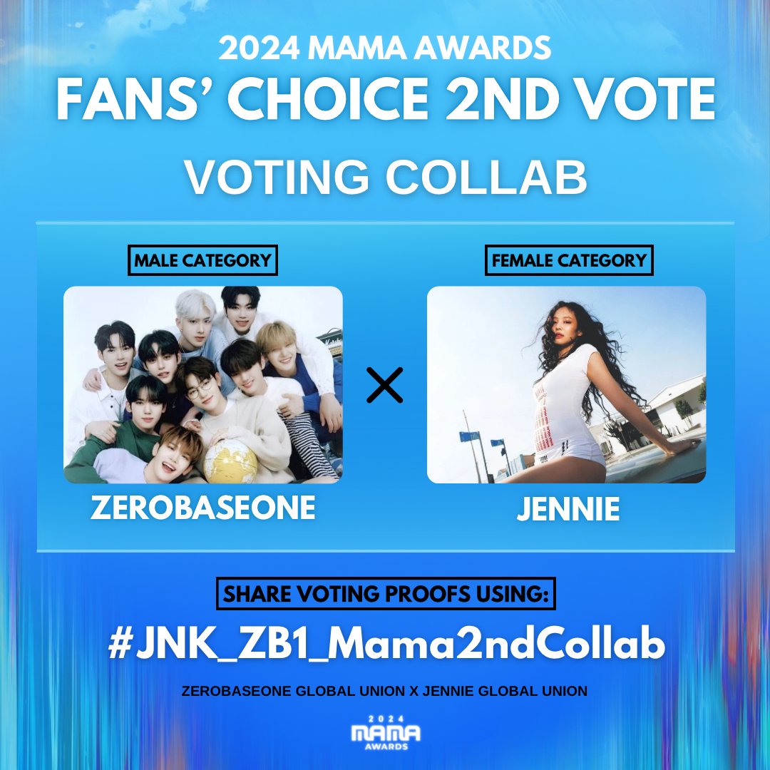 [🗳️ MAMA 2024 ROUND 2] FAN'S CHOICE AWARD VOTING ON MNET 

Zerose 🌹 voting has started, go to the Mnet plus app now!!! 
Use all your accounts and devices. 

🎯 Top 5
⏰ 11/15 23:59PM KST

Vote for #ZEROBASEONE and #JENNIE  using the tags #JNK_ZB1_Mama2ndCollab 

🚨 DM us to