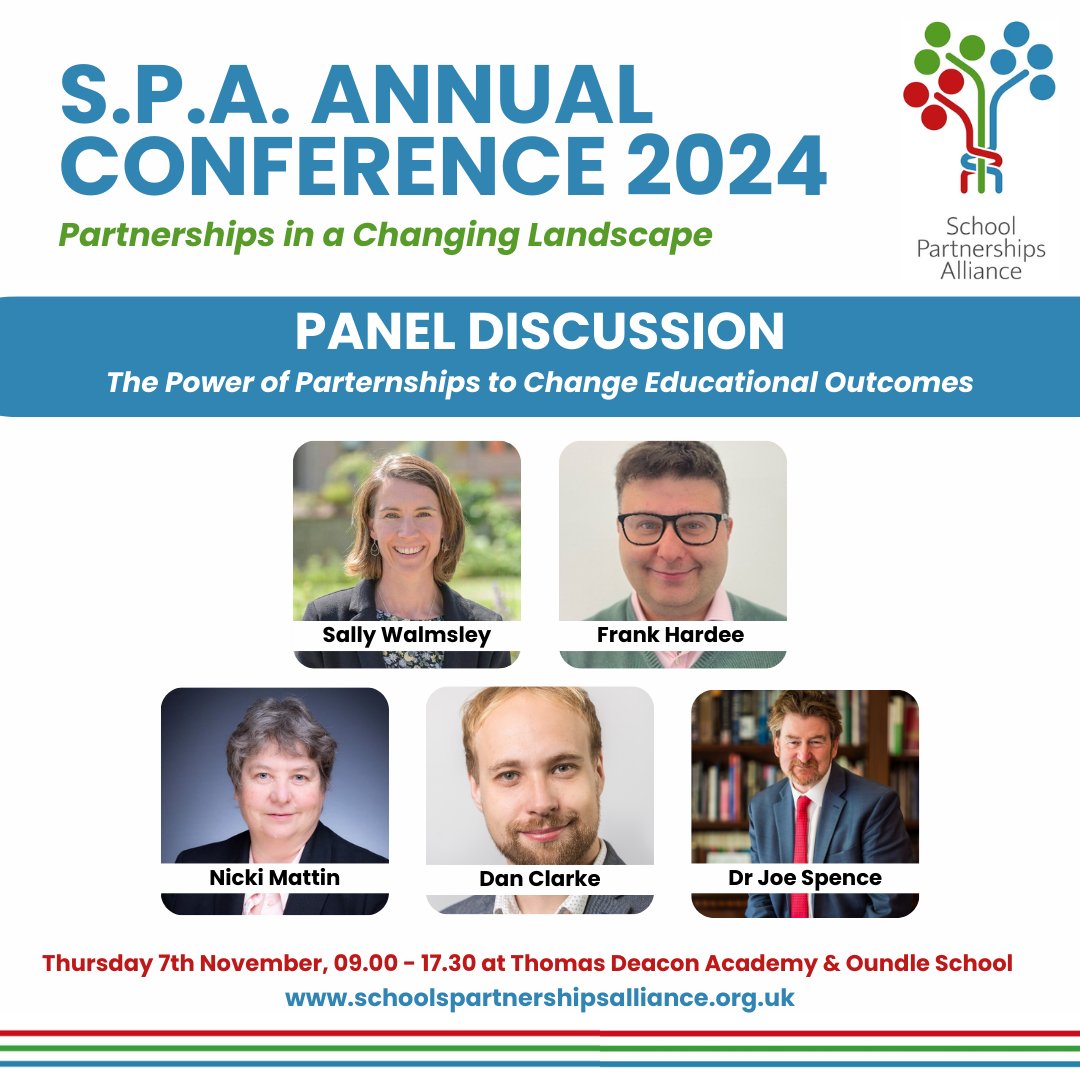 Looking forward to hearing from <a href="/CheltEduPart/">Cheltenham Education Partnership</a>, <a href="/FrankHardee/">Frank Hardee</a>, Sally, Joe and Nicki in our first panel discussion #SPAconference2024 #PowerofPartnership