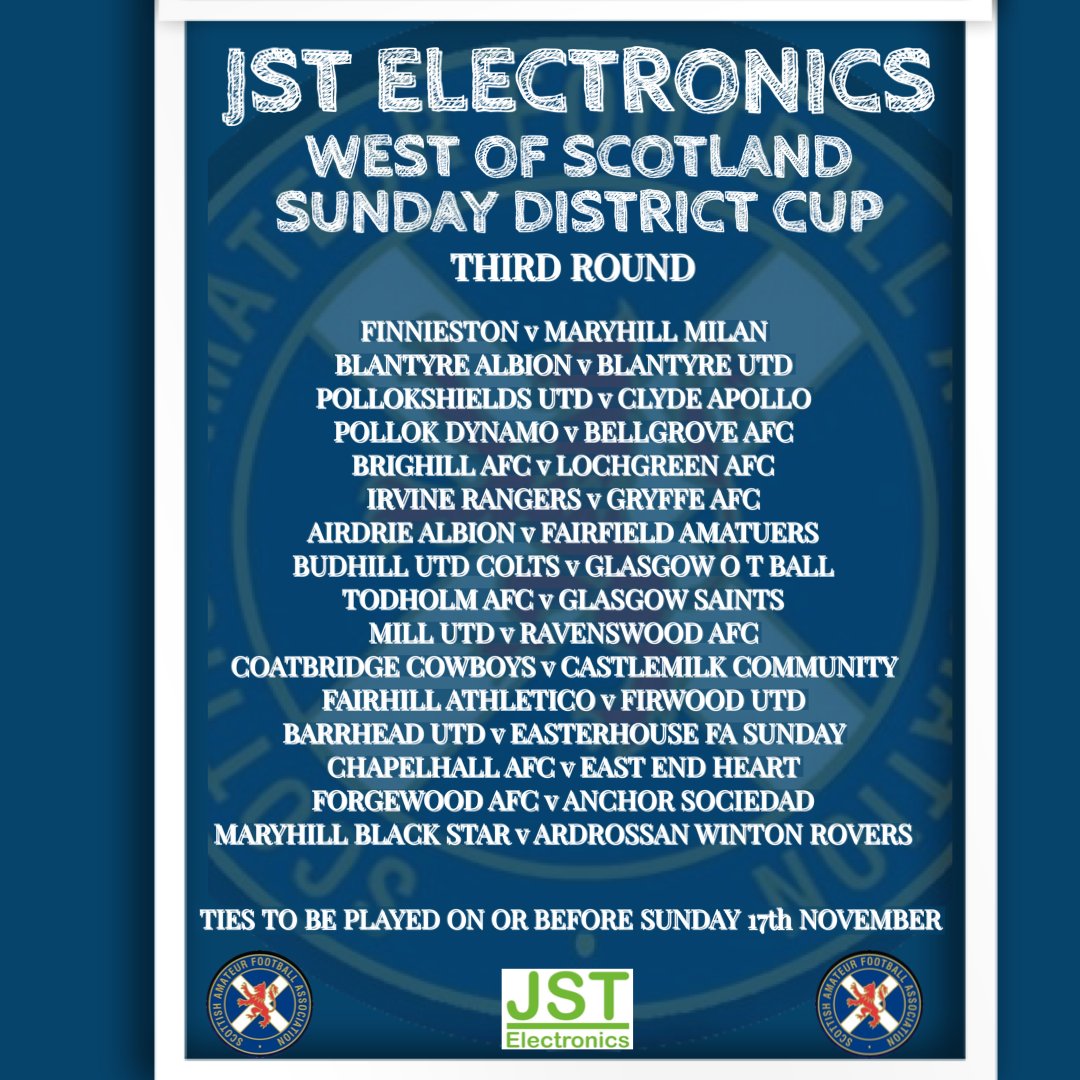 Good Morning,

Please see below for the Third Round draws for the JST Electronics Sunday West &amp; East District Cups.

Good luck to all involved!⚽️