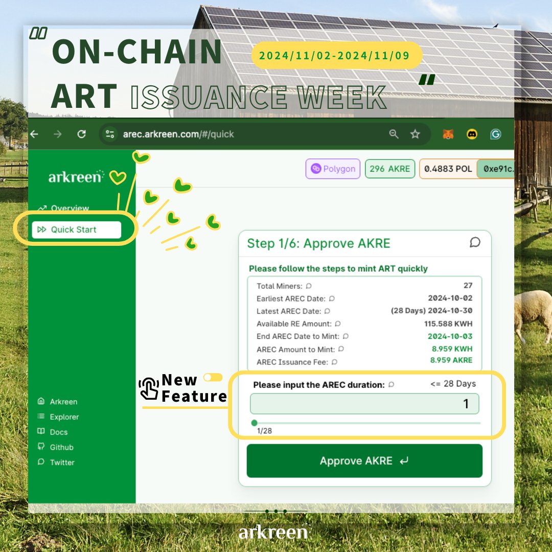 New feature alert! ART now supports on-chain issuance with a minimum unit of one day. 🌞 

🌍 Join the community for climate action—every small effort counts and will be rewarded! 💚

Arkreen kicks off “on-chain ART Issuance Week” with this new feature! The first 2,000