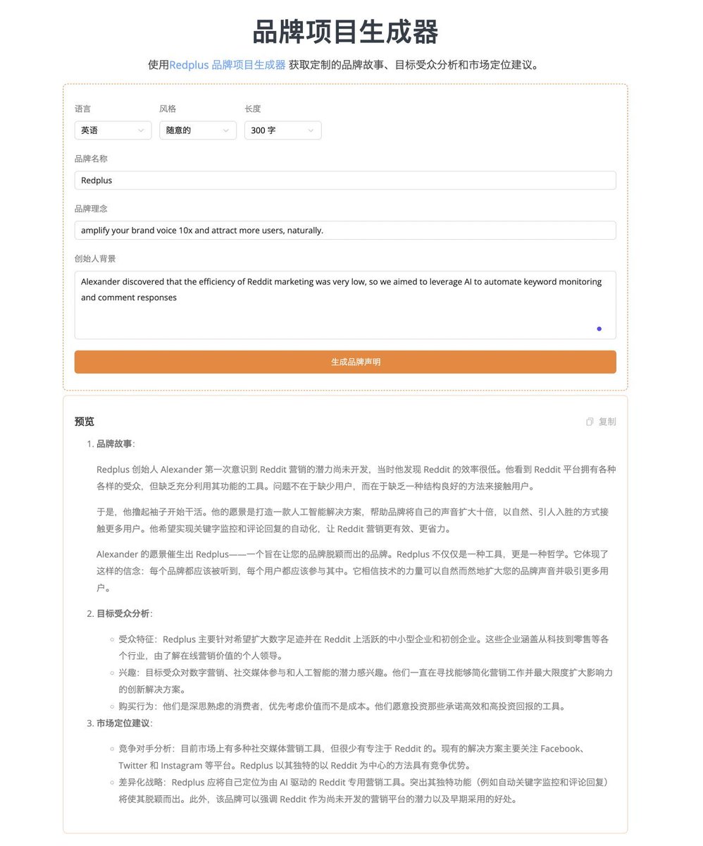 lastz321's tweet image. Replus的另一个小工具：品牌故事生成器，生成品牌故事的同时，还能够帮助分析受众人群和市场。
完全免费的AI小工具，欢迎使用。可以顺带收藏，说不定哪天就有需要了。

redplus.ai/en/brand-proje…

#RedPlus #AI工具 #创业