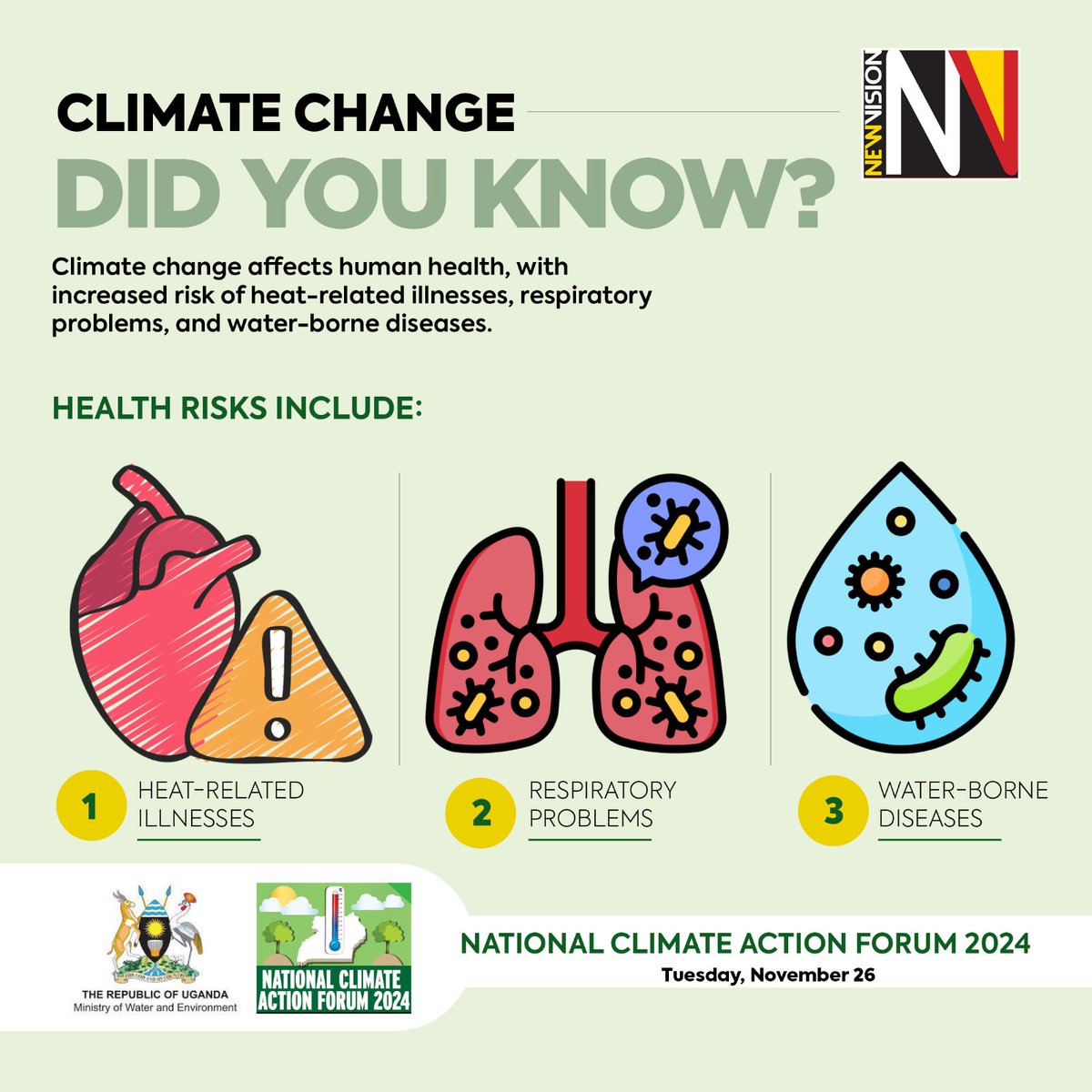 newvisionwire's tweet photo. #ClimateActionForum: Did you know that climate change significantly impacts human health? The effects range from respiratory problems to heat-related illnesses, highlighting the urgent need for action.
#VisionUpdates ⤵️ ⤵️ ⤵️ https://t.co/qdzLuyyX1u