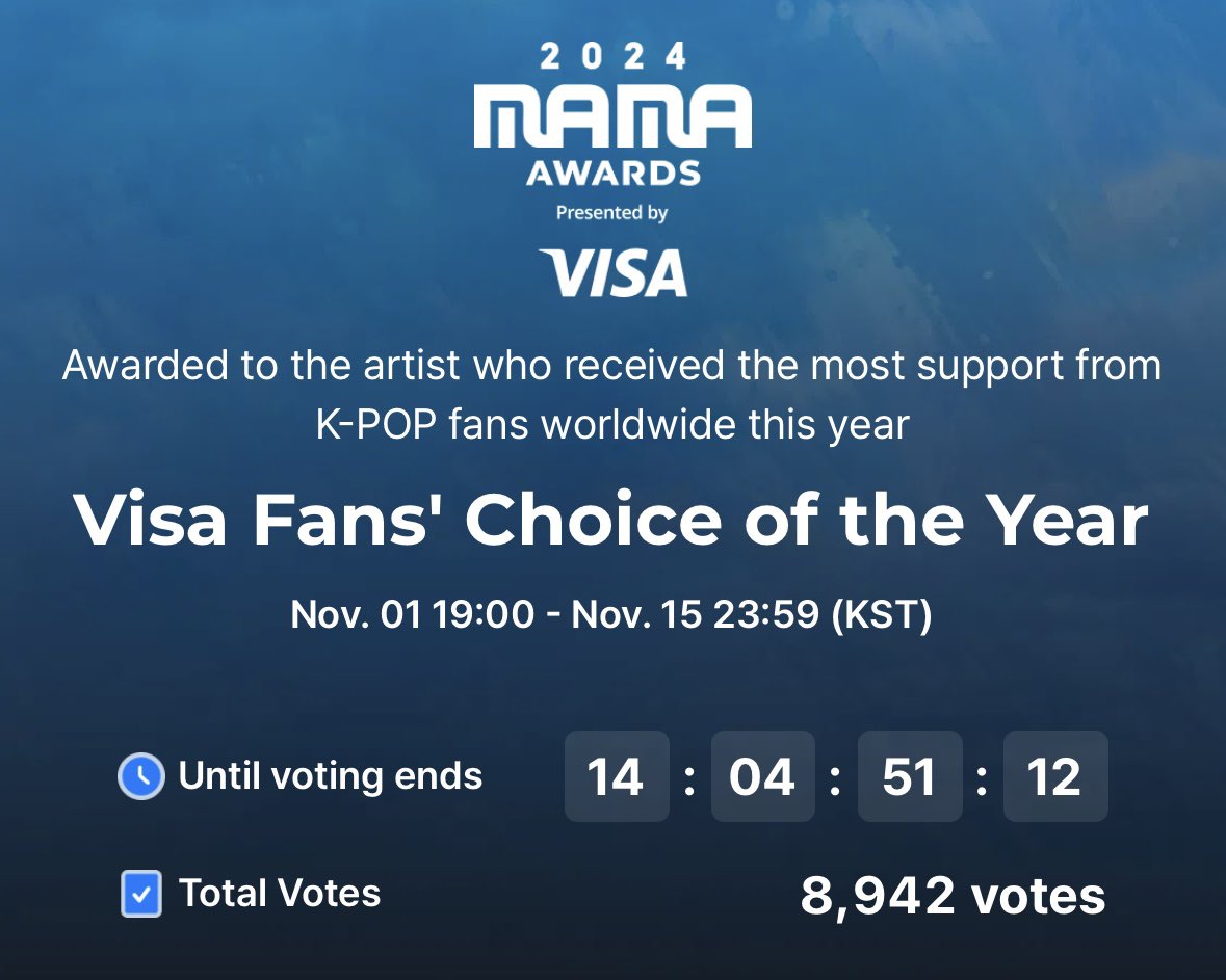 🔥#STAYdominATEMAMA2024🔥

📢STAYs
MAMA FINAL voting has started!

1. Go to MNET+, vote SKZ + 1 👩 for Fans' Choice 2nd Vote
2. Vote SKZ only for Visa Fans' Choice of the Year (DAESANG)
3. Tweet/RT #2024MAMAVOTE #straykids

🔚 11/15, 23:59 (KST)
🔗 teamsvsglobal.com/award-shows/ma…
