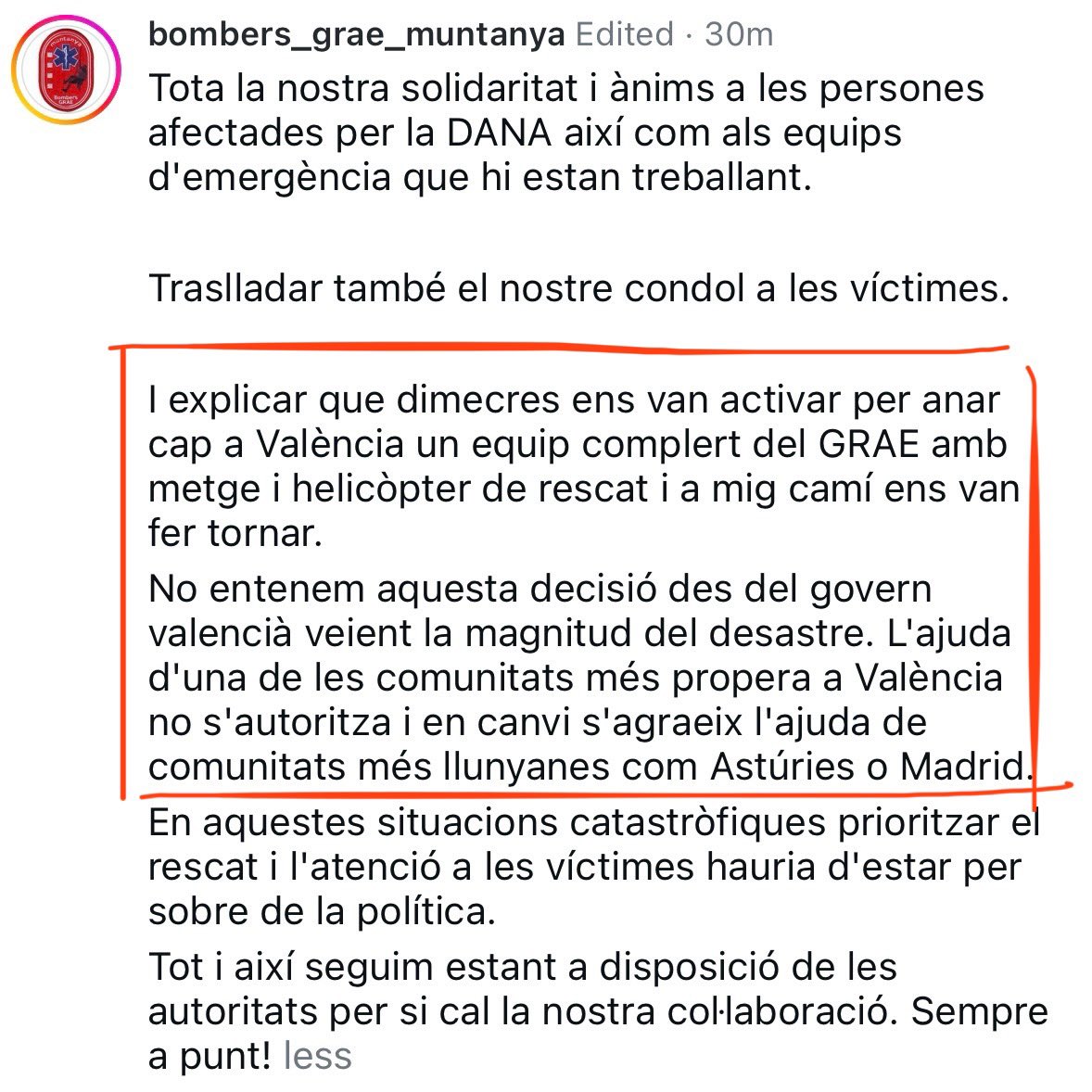 ❌ Llegiu aquest comunicat esfereïdor dels <a href="/grae_bombers/">Bombers GRAE</a> de Catalunya. Mazón prioritza la catalonofòbia, el partidisme i el seu orgull davant el salvament de vides humanes en la tragèdia de la DANA al País Valencià. Titllar aquest president d’irresponsable és quedar-se molt curt.