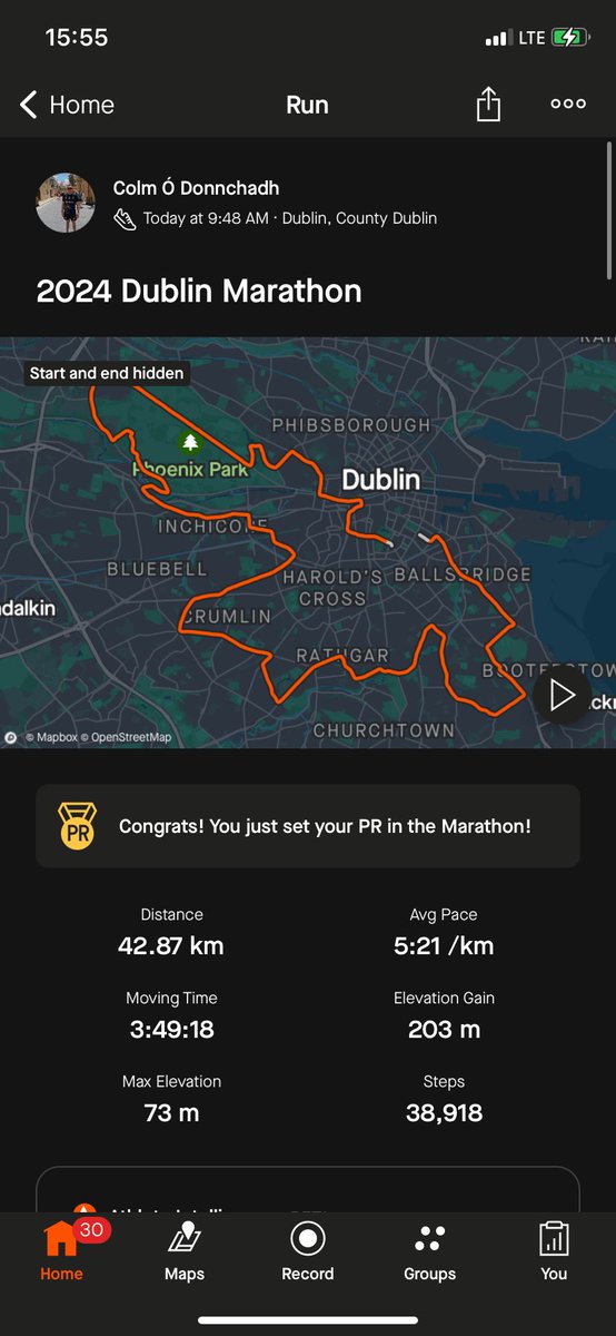 I was immensely proud to complete my first marathon last Sunday! <a href="/dublinmarathon/">Irish Life Dublin Marathon</a> was the toughest thing I’ve ever endured and in particular the last 5 miles… Onwards and upwards from here! 🏃‍♂️