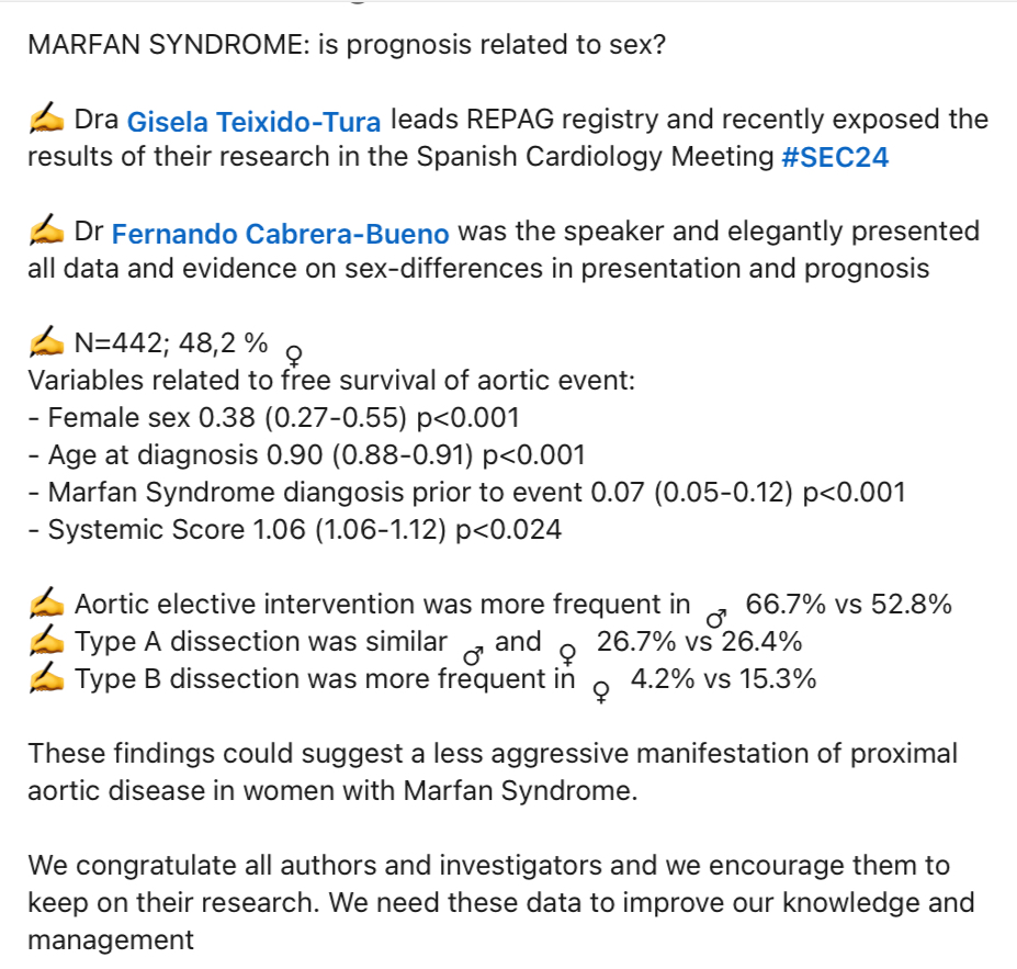 arturaortahub's tweet photo. MARFAN SYNDROME: is prognosis related to sex?
✍ Dra Gisela Teixido-Tura leads REPAG study at #SEC24
✍ Dr Fernando Cabrera-Bueno presented evidence on sex-differences in presentation and prognosis
✍️Women might have less agressive presentation
Watch video
https://t.co/ipheGwfrzy https://t.co/z1pO903LNG