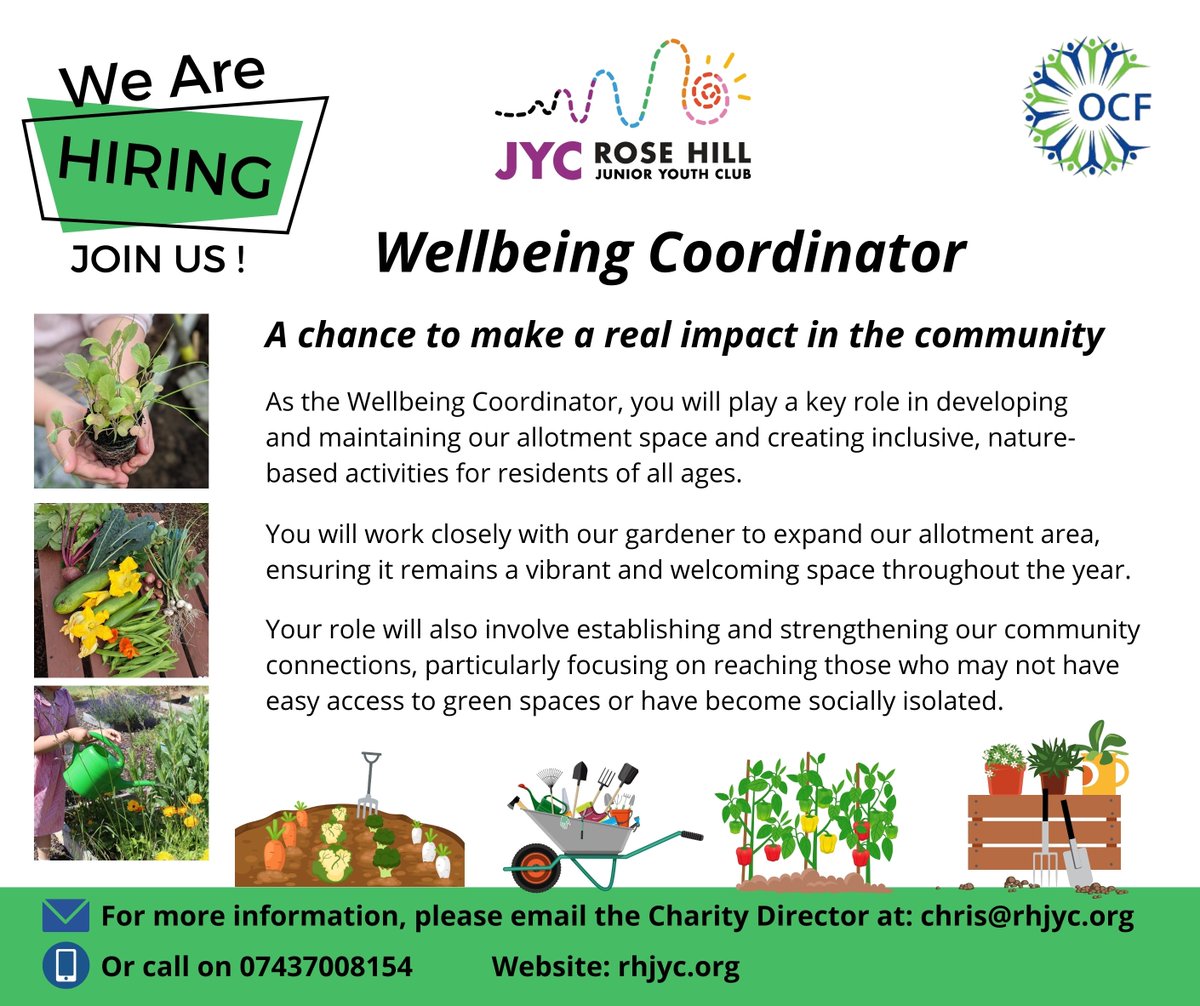 Rose Hill JYC (@rosehilljyc) on Twitter photo Wellbeing Coordinator role:
As the Wellbeing Coordinator, you will play a key role in developing and maintaining our allotment space and creating inclusive, nature-based activities for residents of all ages. Get in touch with Chris for more information: chris@rhjyc.org Wellbeing Coordinator role:
As the Wellbeing Coordinator, you will play a key role in developing and maintaining our allotment space and creating inclusive, nature-based activities for residents of all ages. Get in touch with Chris for more information: chris@rhjyc.org