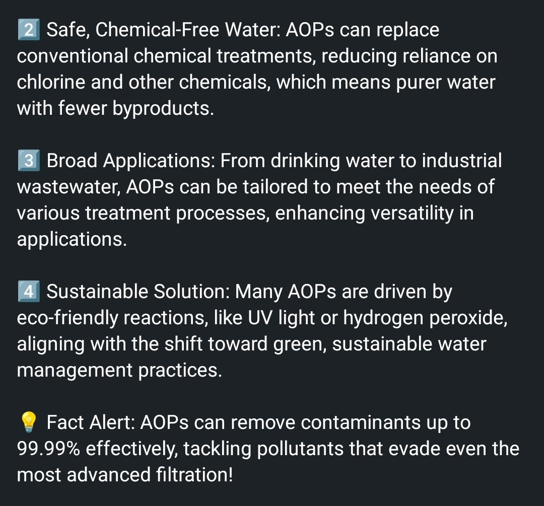 zahedfah's tweet image. Fact Alert: AOPs can remove contaminants up to 99.99% effectively, tackling pollutants that evade even the most advanced filtration!

 With demand for clean water rising, innovations like AOPs may be just what we need.

#WaterTreatment #AdvancedOxidation #AOPs #CleanWaterTech