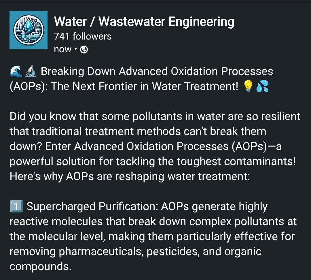 zahedfah's tweet image. Fact Alert: AOPs can remove contaminants up to 99.99% effectively, tackling pollutants that evade even the most advanced filtration!

 With demand for clean water rising, innovations like AOPs may be just what we need.

#WaterTreatment #AdvancedOxidation #AOPs #CleanWaterTech