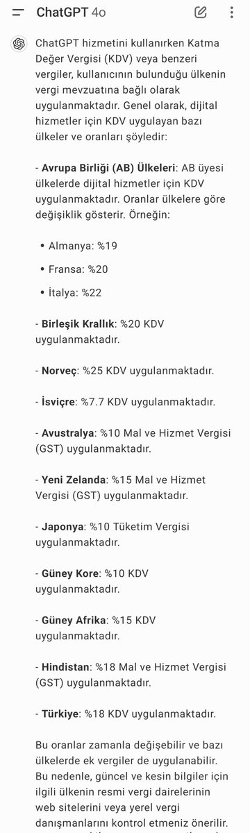 torlakfaruk's tweet photo. ChatGPT'ye KDV gelmiş olur mu öyle şey diye paylaşımlar yapılıyor aslında tuhaf olan bu zamana kadar ödenmiyor olmasıydı zira birçok ülke gibi Türkiye de yurt dışından dijital hizmet alımlarında KDV(VAT,GST) alıyor. Bunu birçok firma uygularken OpenAI bunca süre uygulamadı. https://t.co/IG1oHYt3x0
